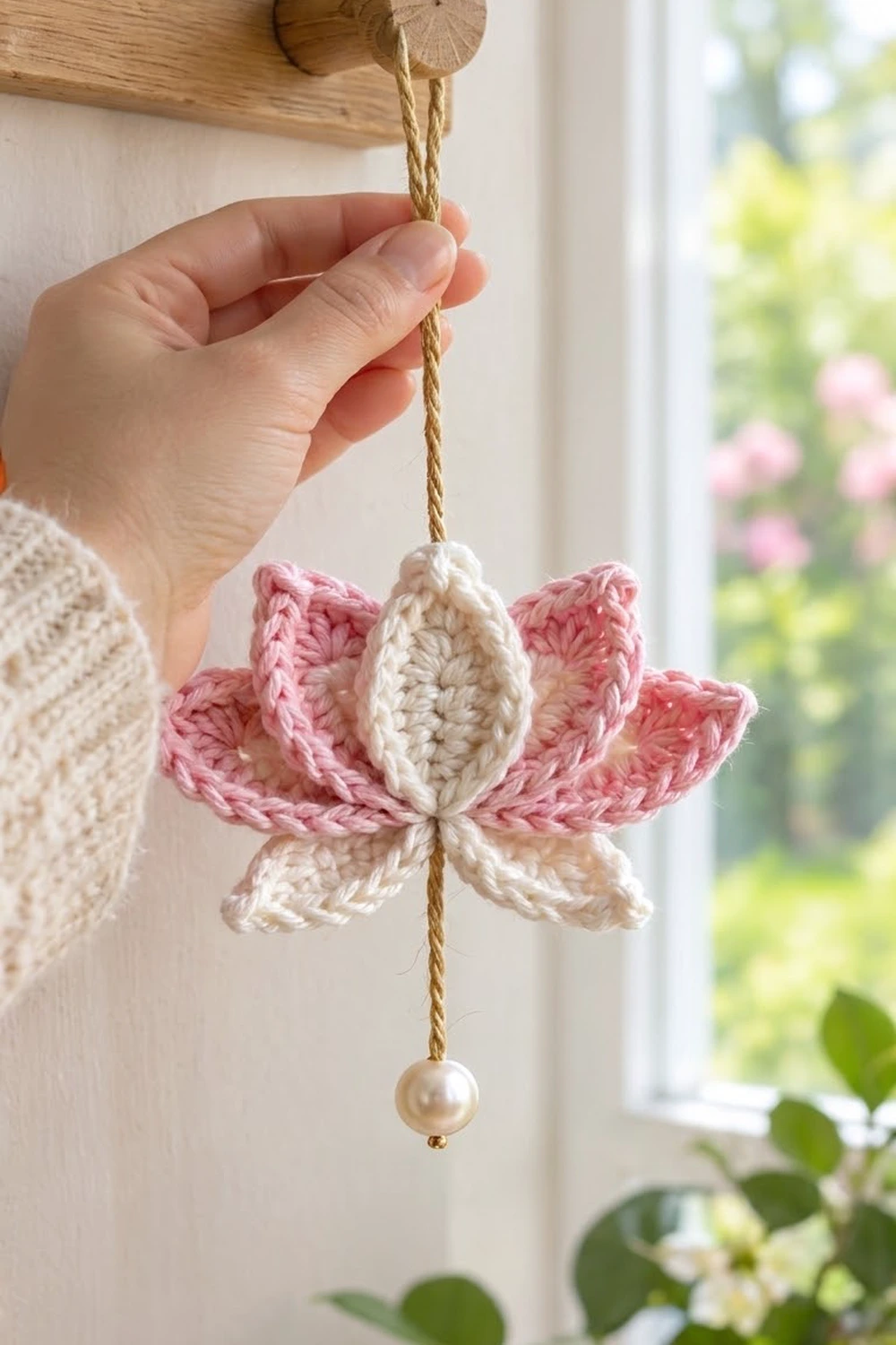 Hand holding a crocheted pink and white flower ornament with pearl bead, hanging from jute twine by a sunlit window.