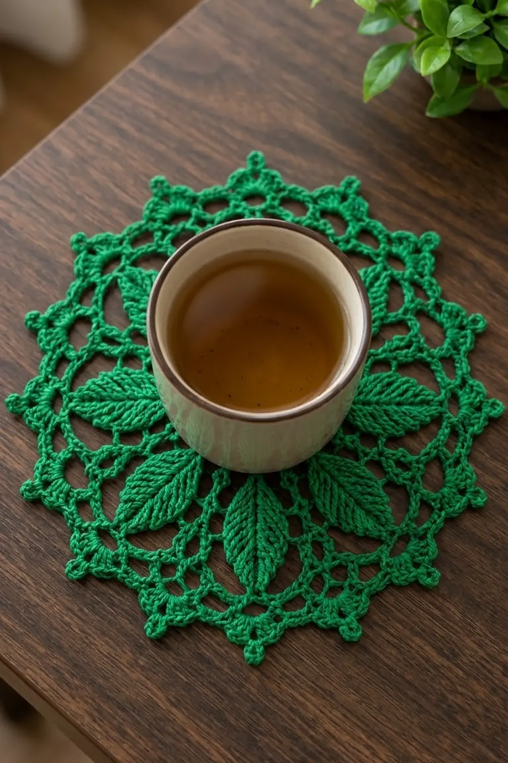 Cream mug of tea rests on a bright green crochet doily placed on dark wood beside potted greenery.