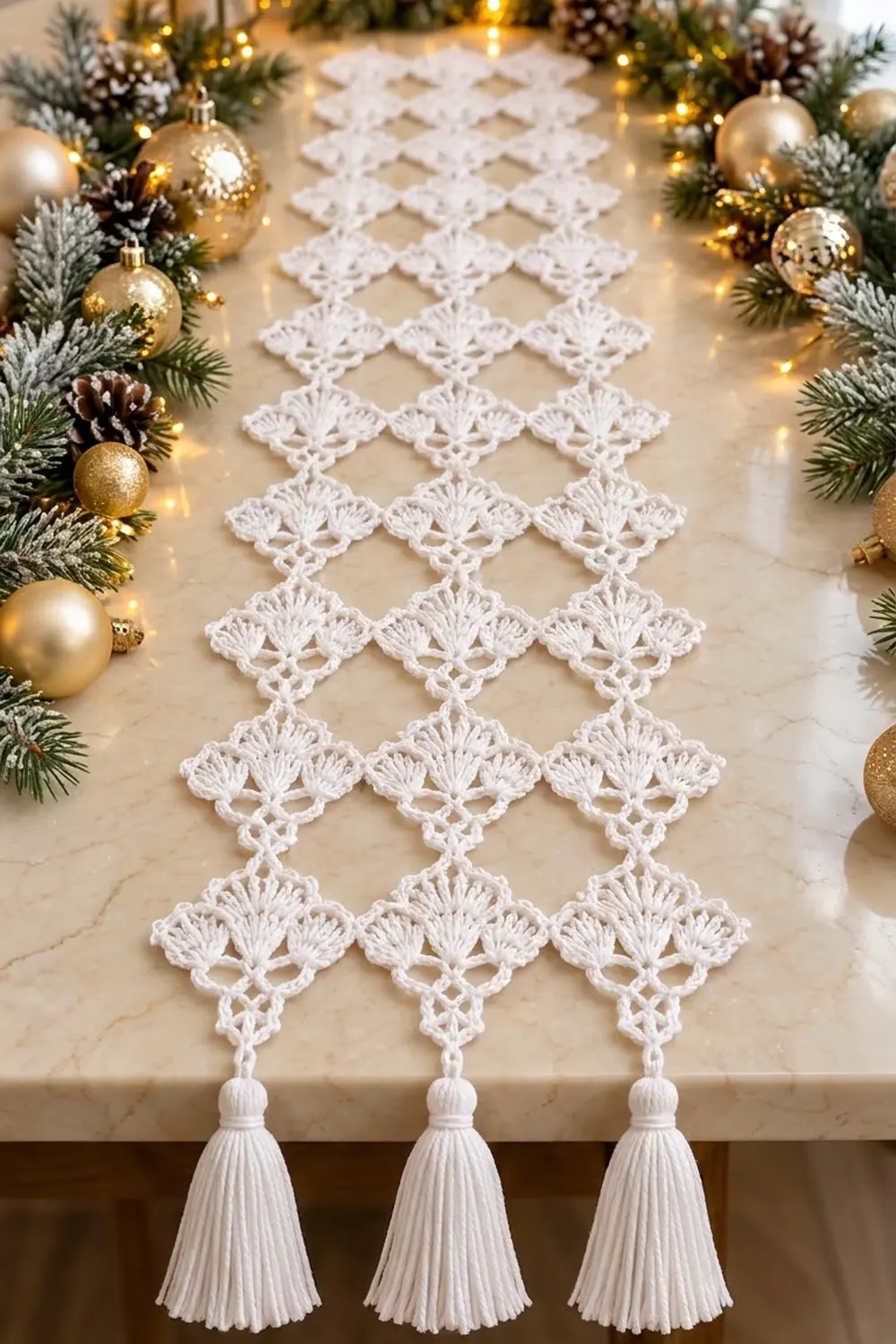 White crocheted lace table runner with tassels displayed on marble with holiday greenery, gold ornaments, and warm lights.