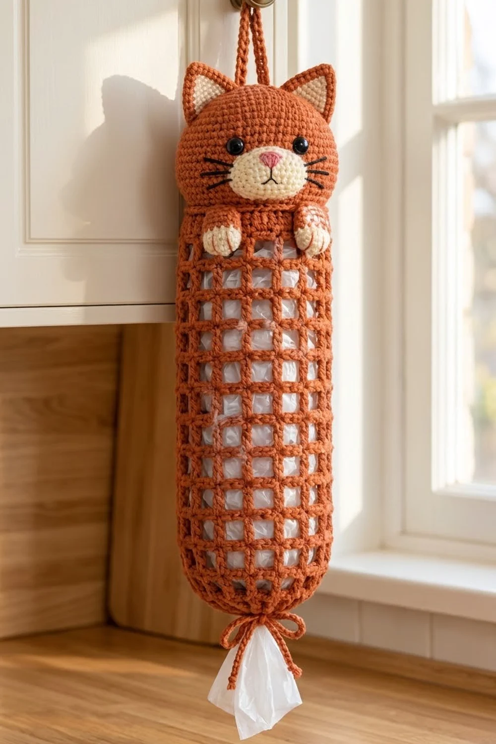 Orange crocheted cat with cream face and lattice body hanging against a sunlit white wall.
