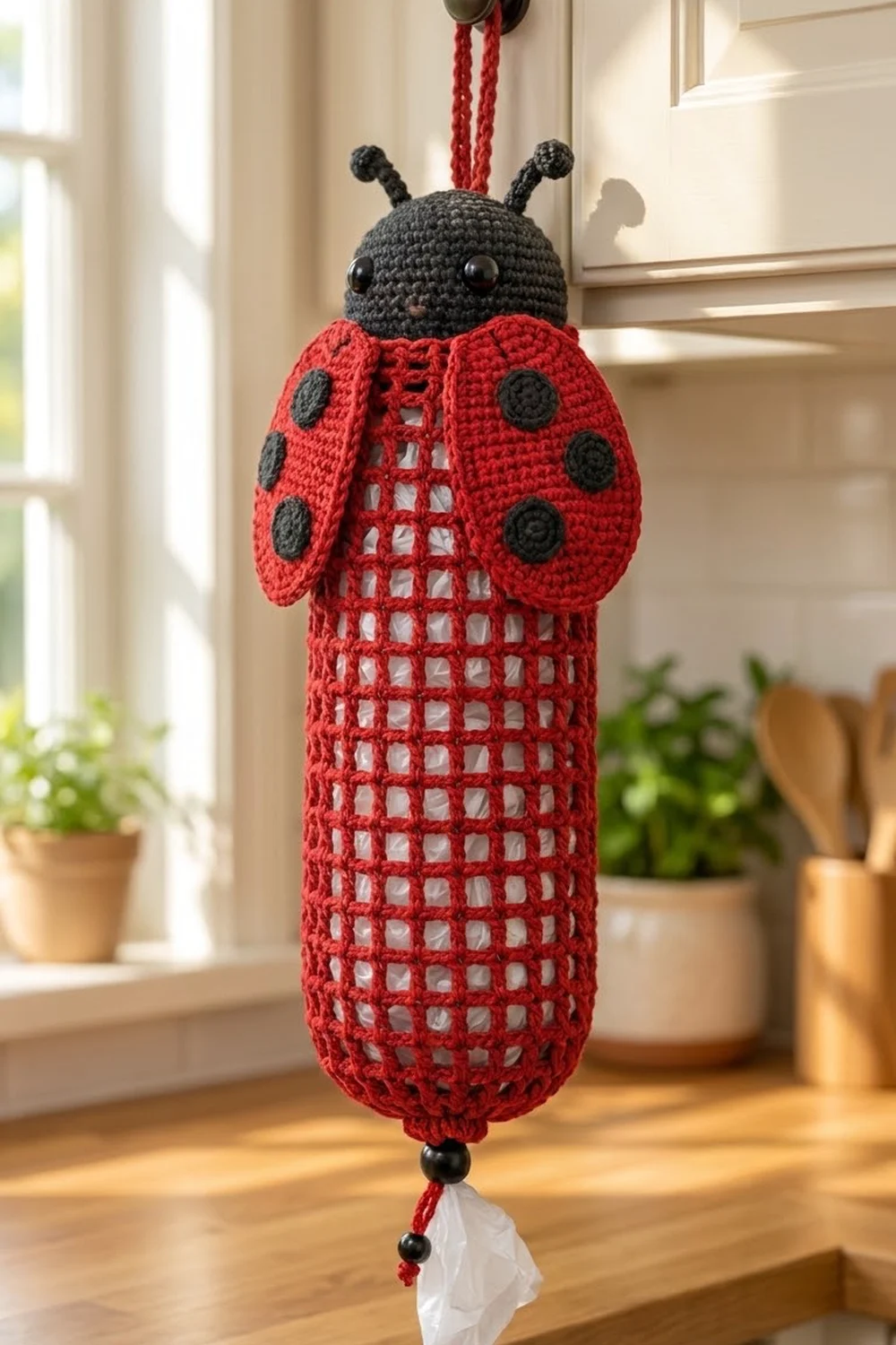 Red crocheted ladybug with charcoal head hanging in a bright kitchen window with potted herbs nearby.