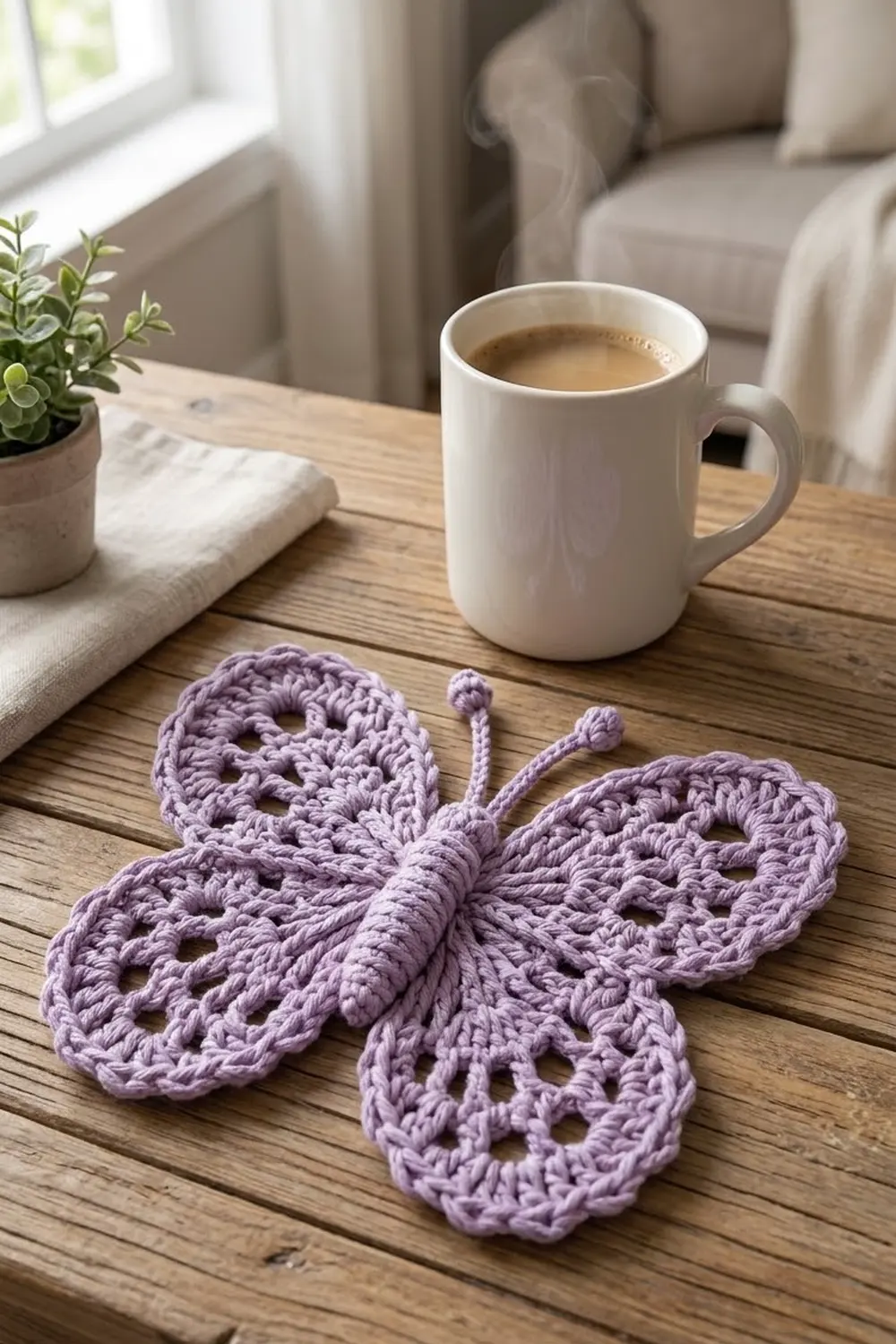 Lavender crocheted butterfly with openwork pattern sits on wooden table beside white mug and green plant.