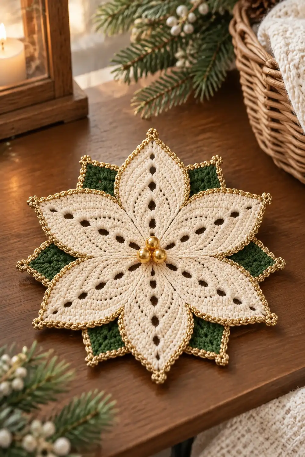 A crocheted white poinsettia ornament with gold trim and green leaves displayed on a wooden surface among holiday decorations.