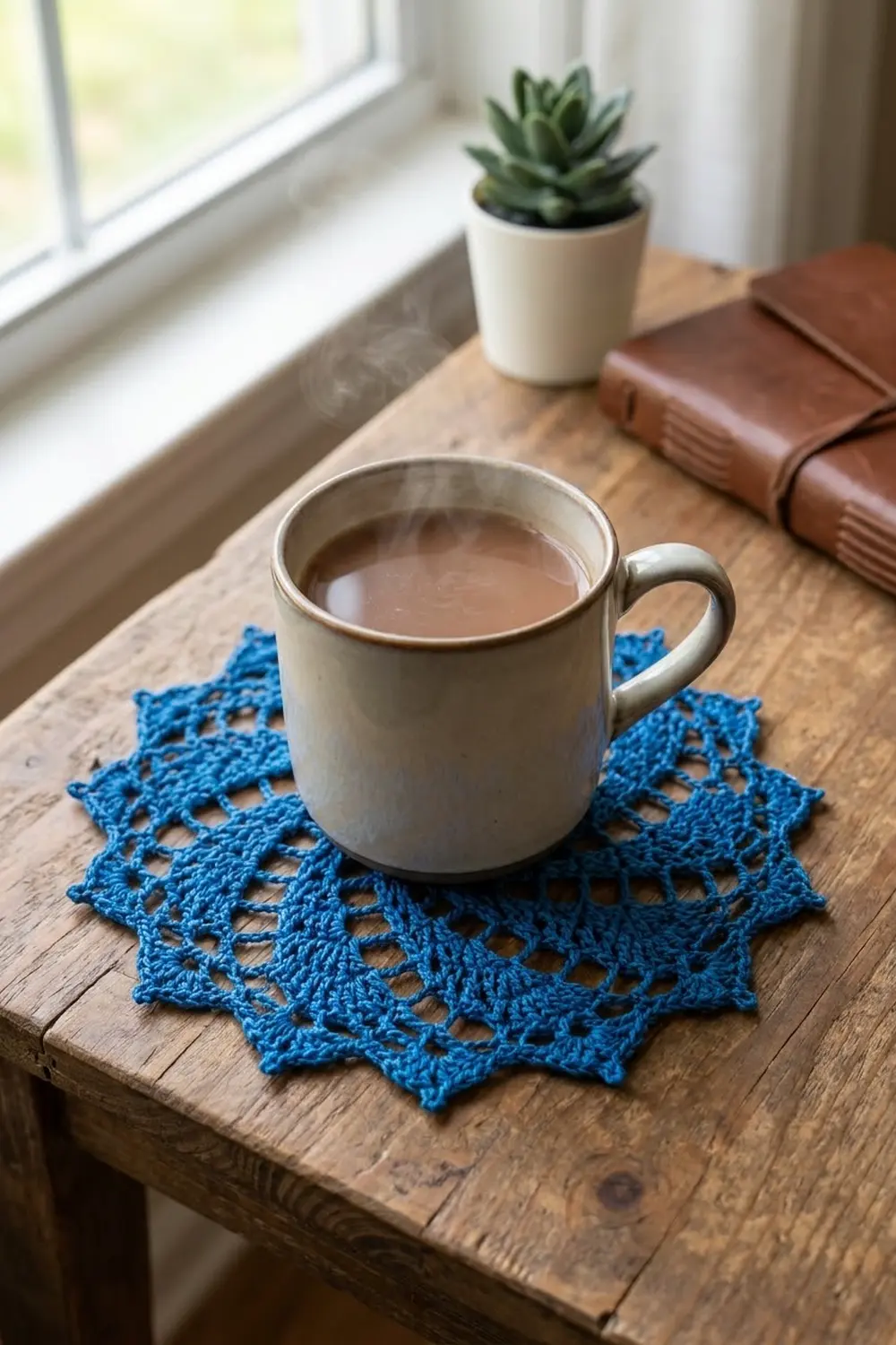 Bright blue crochet star coaster beneath a cream mug on wooden table in sunlit room.