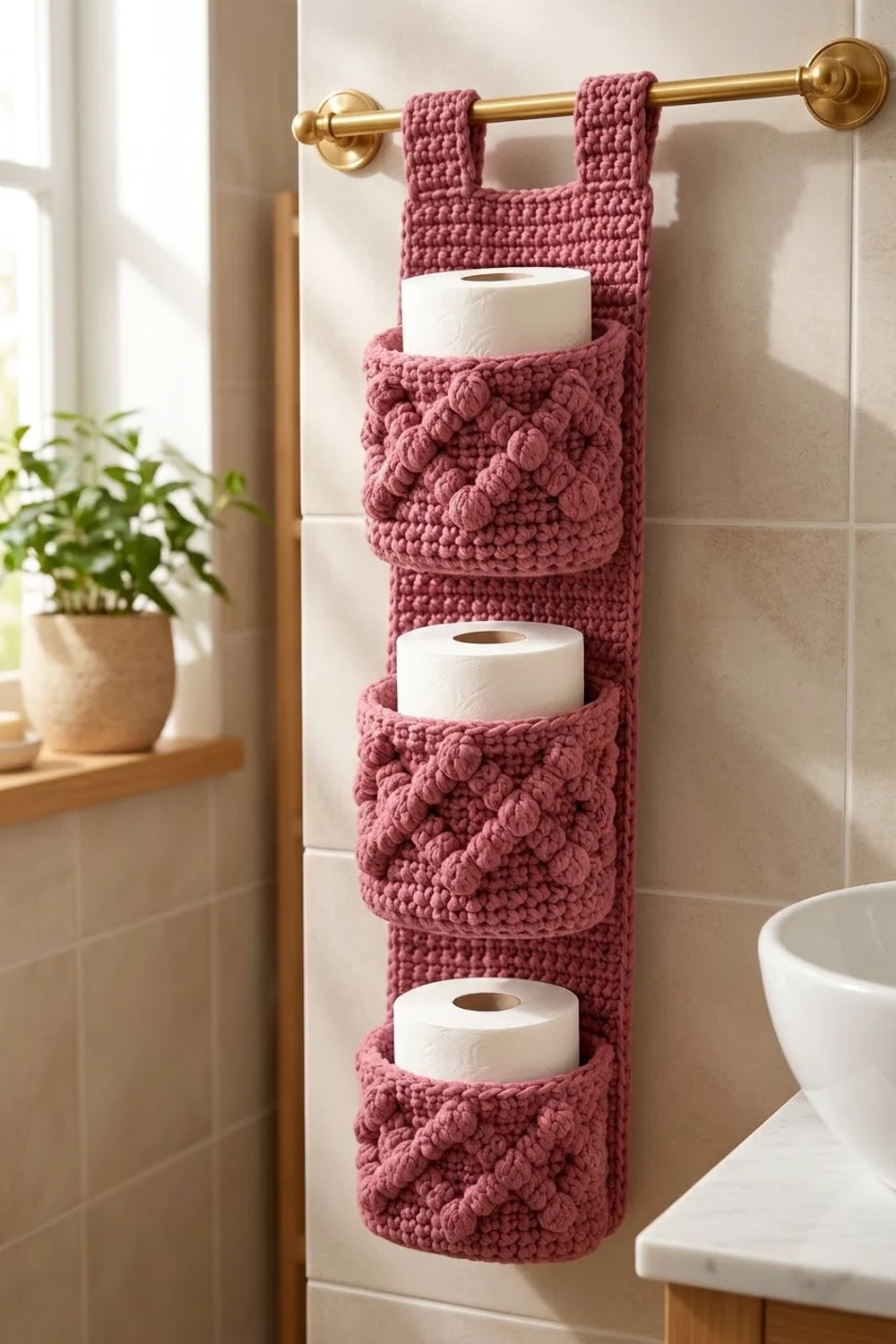 Mauve crocheted toilet paper caddy with three pockets holding white rolls hanging on a gold bathroom towel rod.