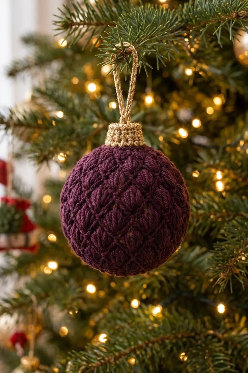 Deep purple crocheted bauble with textured pattern hangs on evergreen branches adorned with warm golden lights.