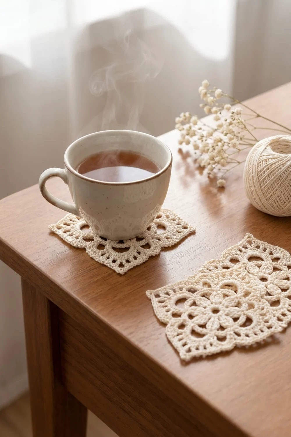 Cream crocheted coasters under a ceramic mug of tea on a wooden table with yarn and baby's breath flowers nearby.