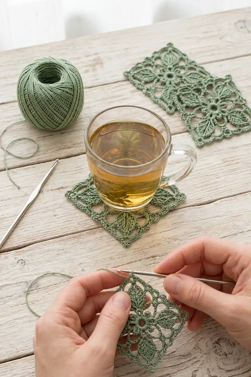 Delicate sage green crocheted coaster holds a cup of tea, with yarn and hands working on matching lace.