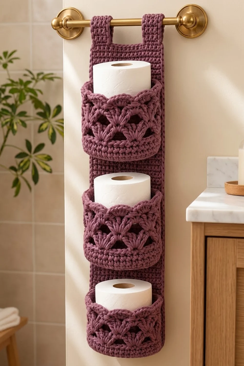 Dusty purple crocheted toilet paper holder with decorative openwork, displaying three white rolls on a brass rod.