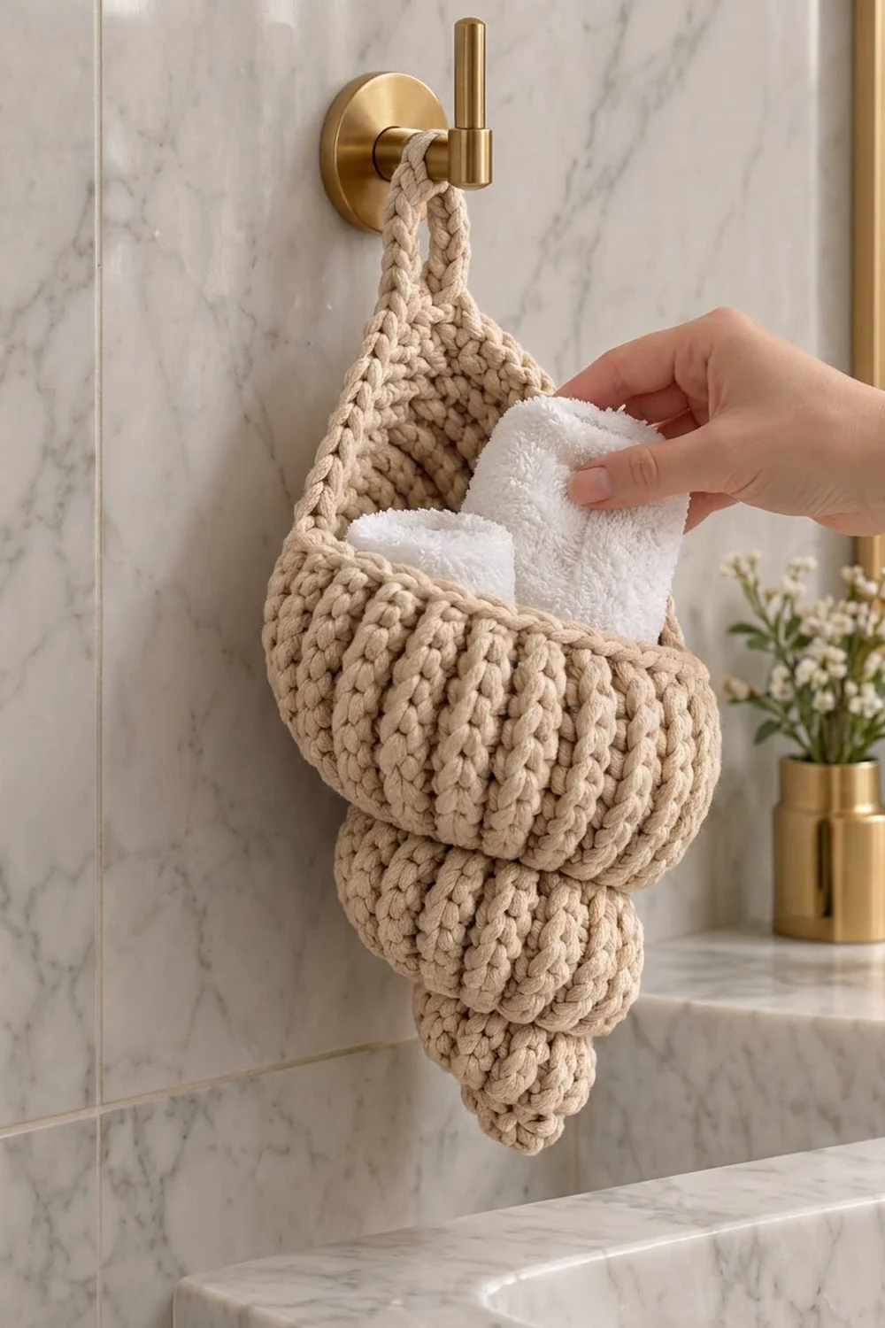 Hand inserting white towel into cream crocheted basket with brass hardware mounted on marble bathroom wall.