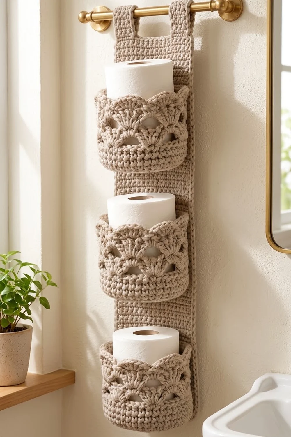 Beige crocheted toilet paper organizer with three lacy-edged pockets holds white rolls, hanging from a brass rod in a bathroom.