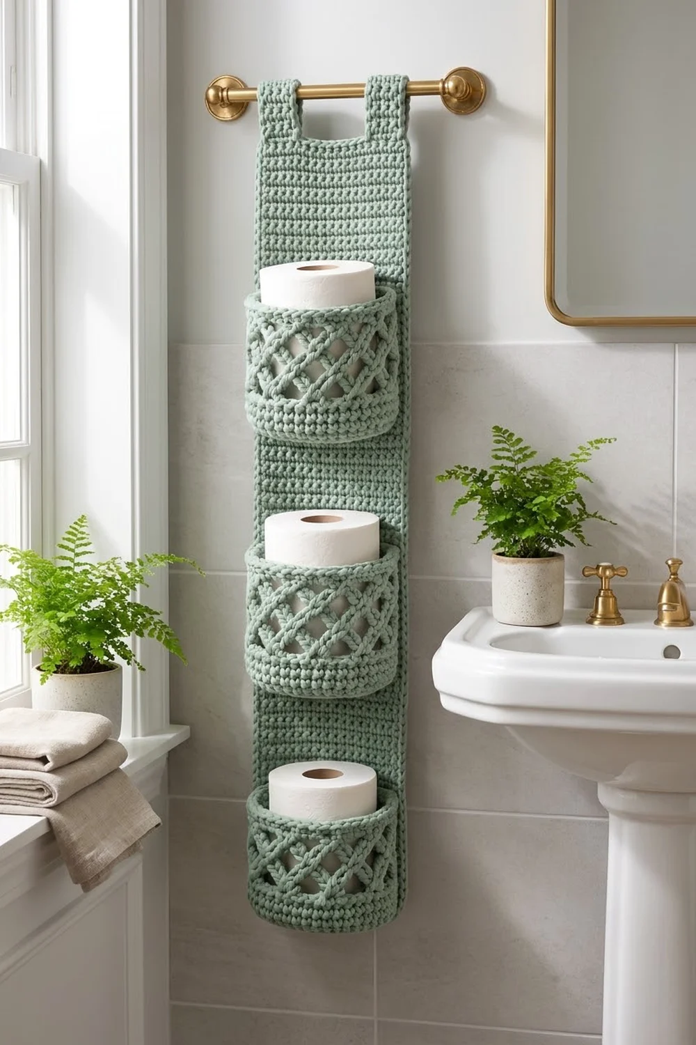 A sage green crocheted wall organizer with three pockets holding white toilet paper rolls, suspended above a bathroom sink.