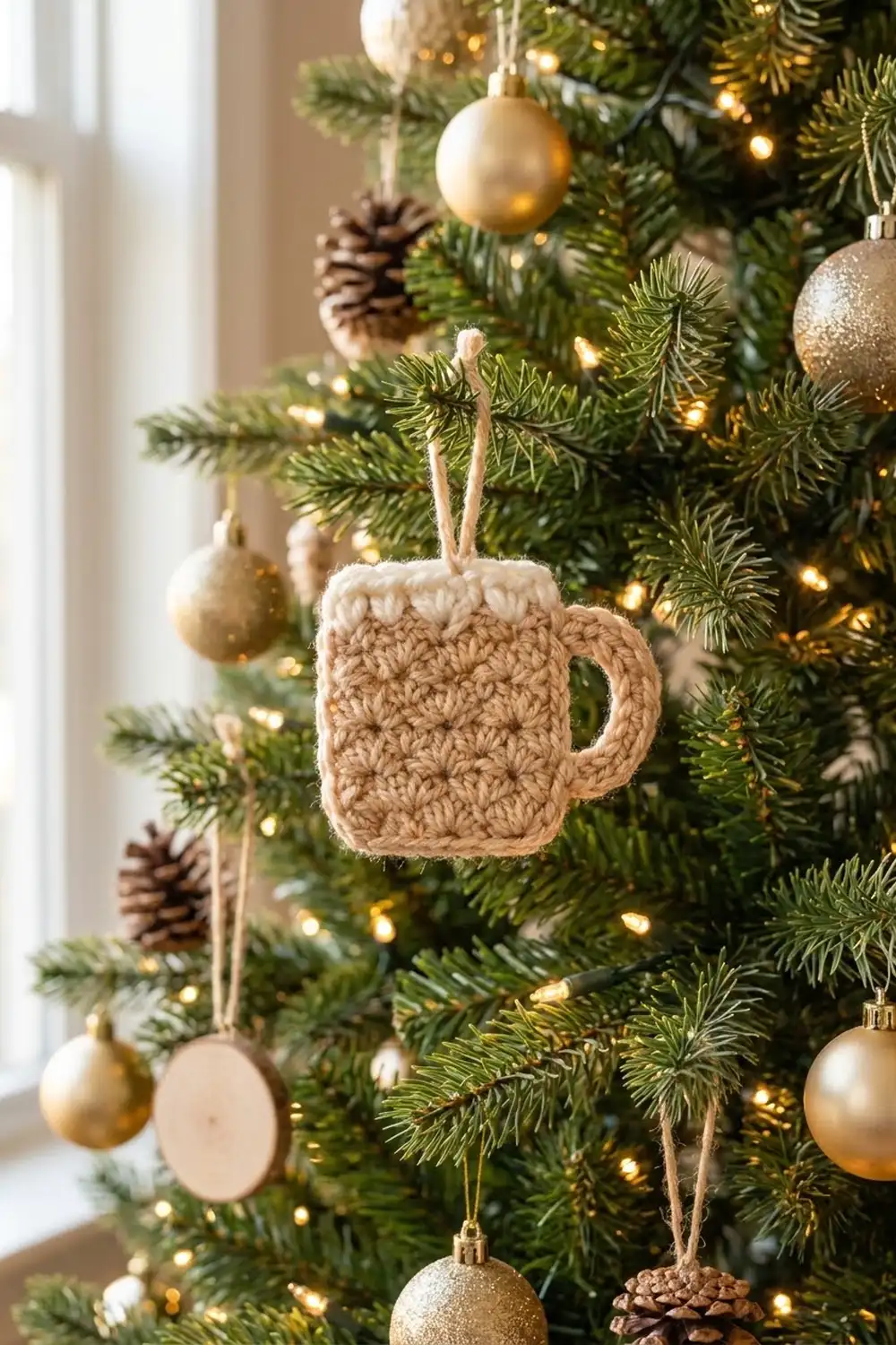 Tan crocheted mug ornament with cream trim hanging on a Christmas tree amid golden lights and metallic ornaments.