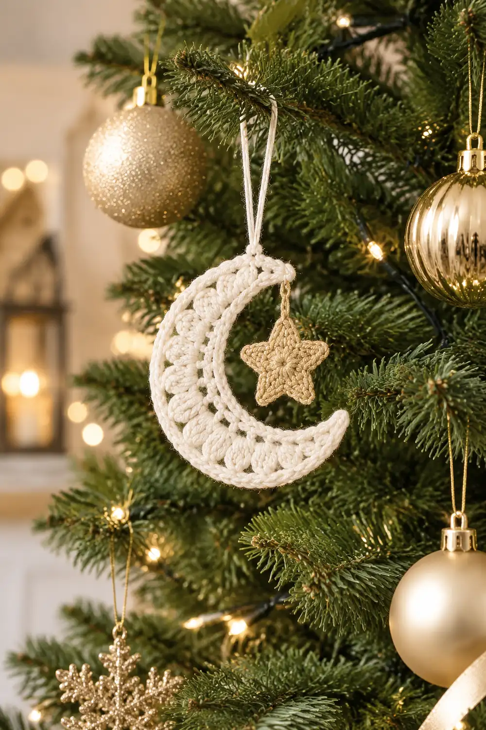 A crocheted cream moon ornament with a small star hangs on a decorated Christmas tree among gold baubles.