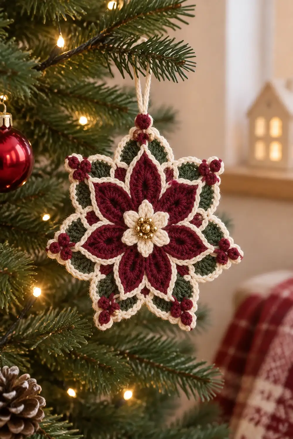 A crocheted snowflake ornament with burgundy petals and green leaves hangs from an evergreen branch with warm lights.