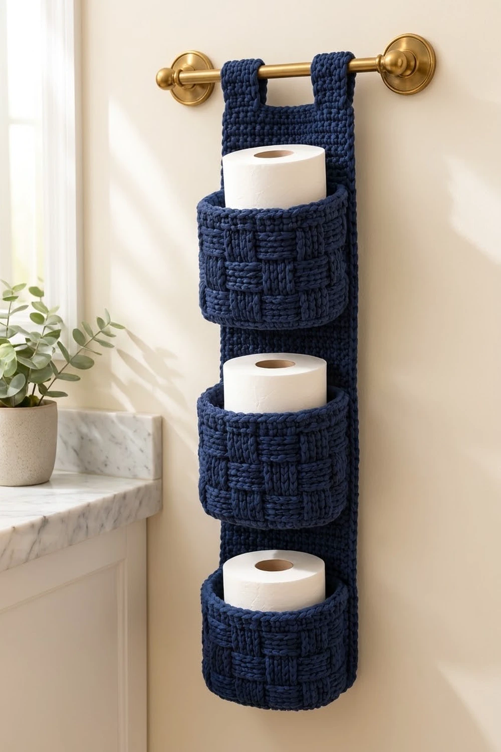 Navy crocheted toilet paper holder with three woven pockets holding white rolls, mounted on gold hardware in a bathroom.
