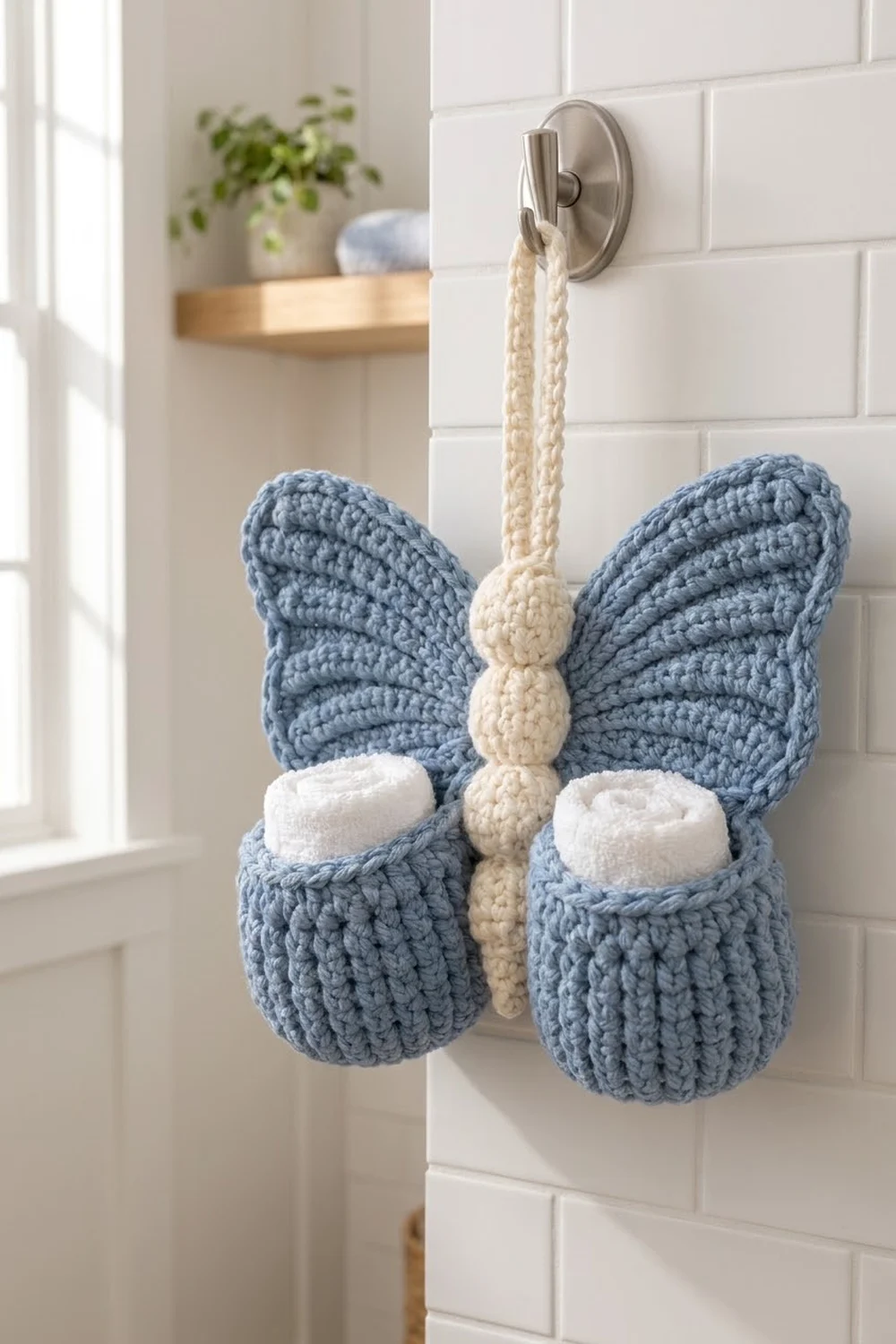 Blue crocheted butterfly with cream rope and white accents hangs from a silver hook on a white subway tile wall.