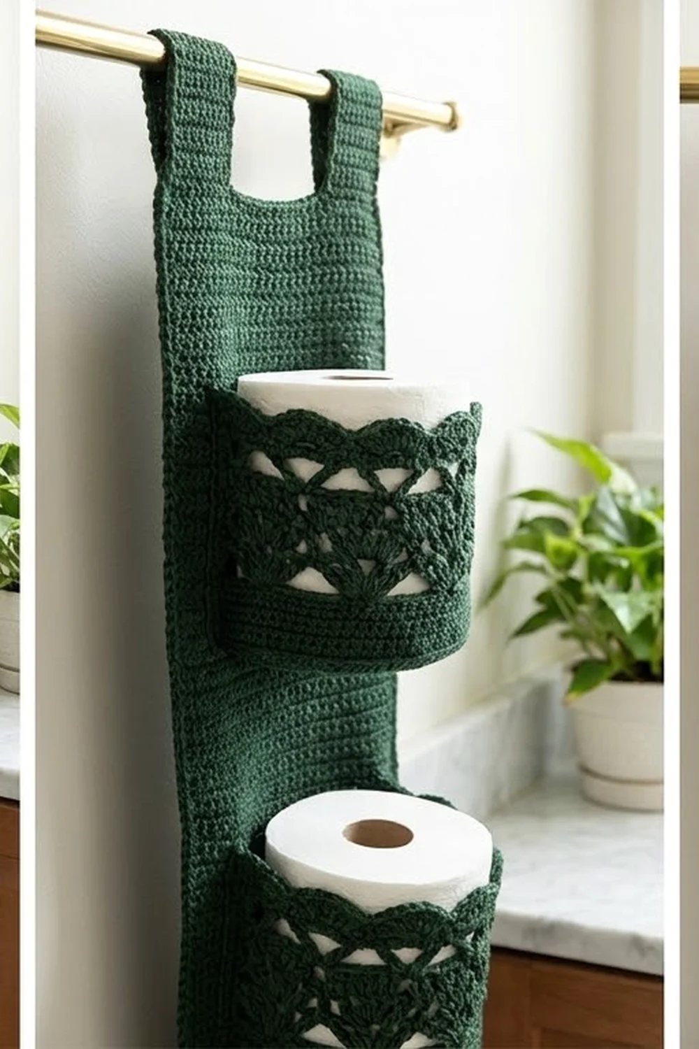 Dark green crocheted toilet paper holder with lacy details hanging on brass rod in bright, minimalist bathroom beside potted plants.
