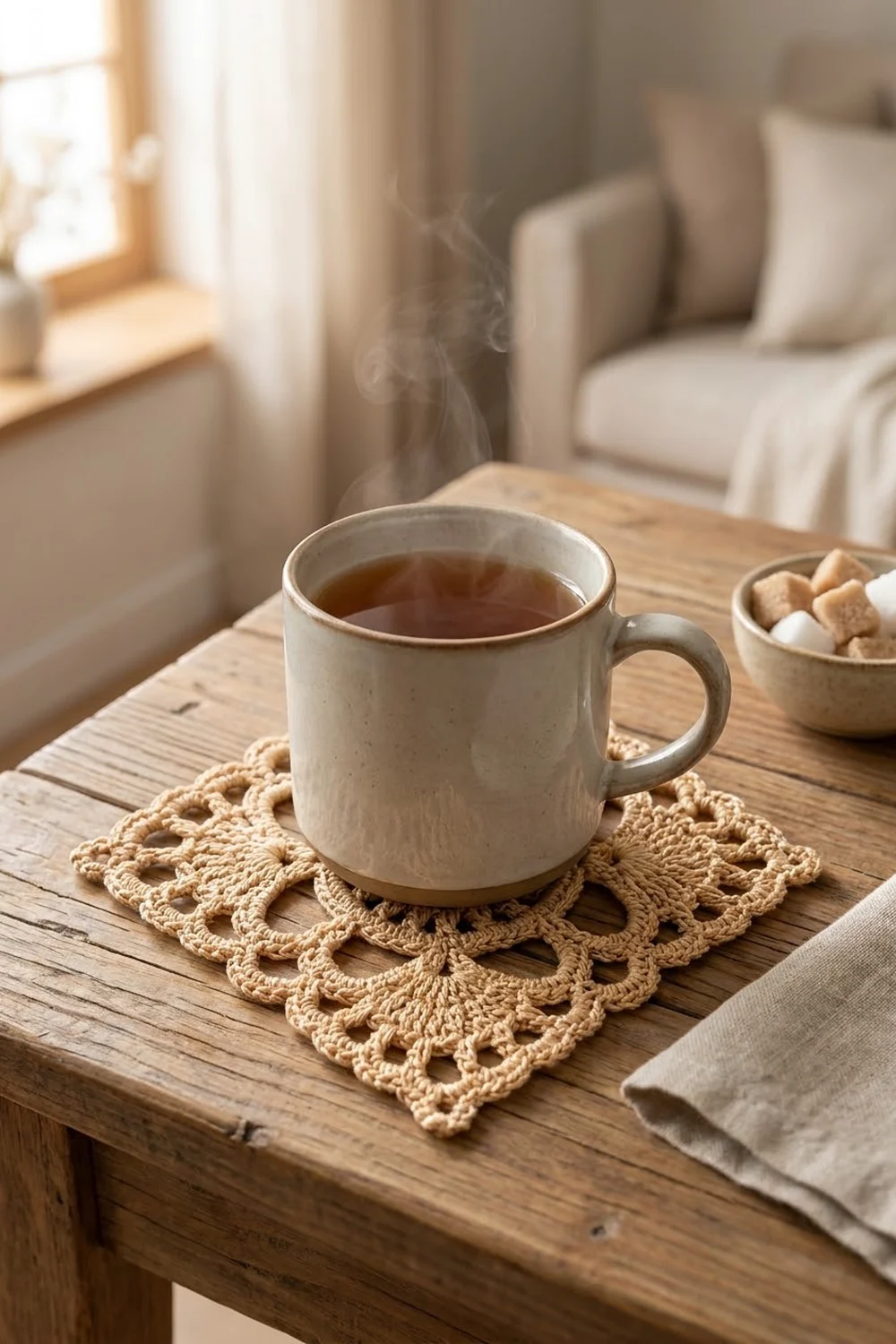 Steaming mug of tea rests on a tan crocheted doily on a wooden table in a sunny room.