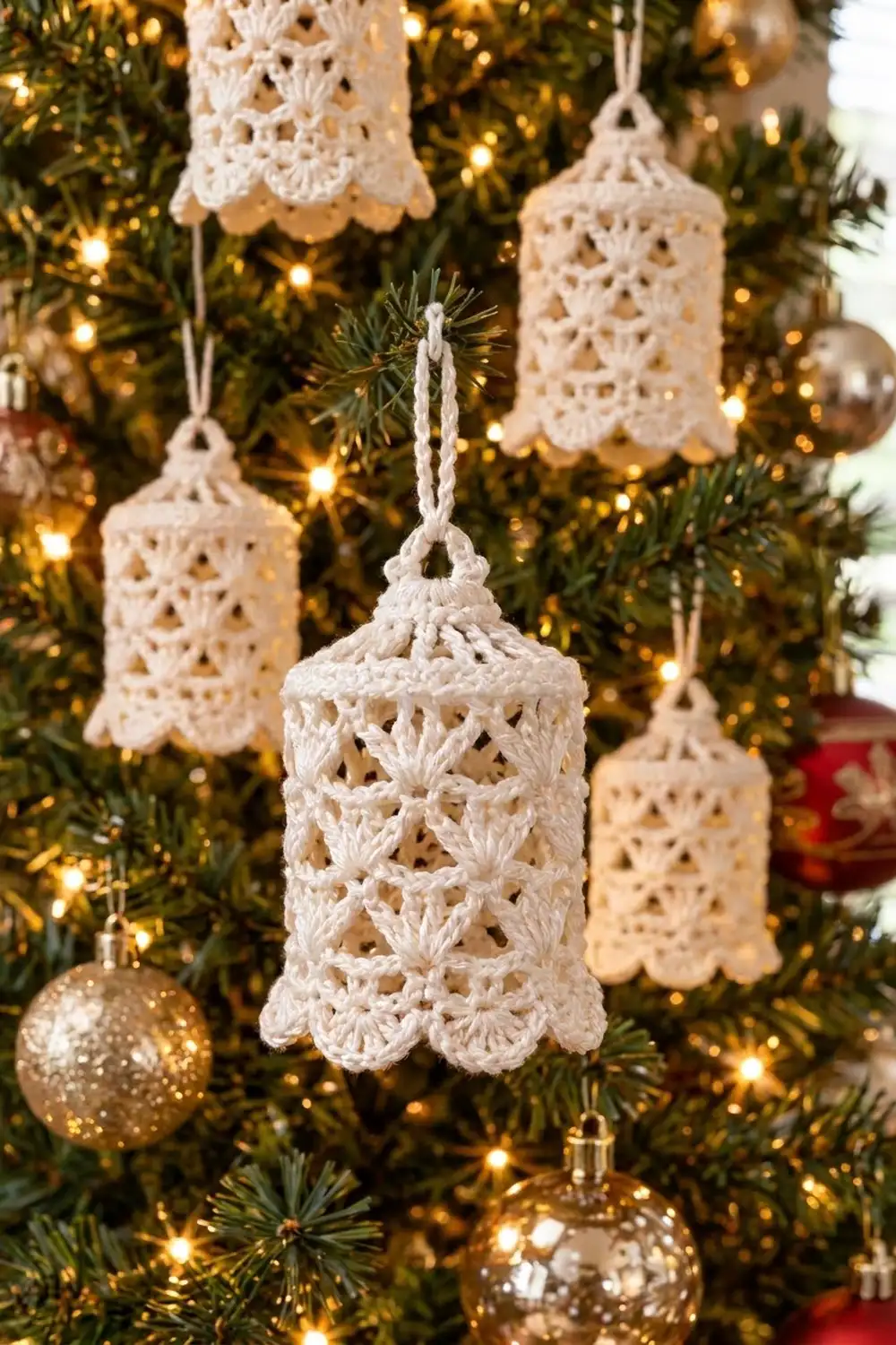White crocheted lace bell ornaments hang from a Christmas tree glowing with warm golden lights.