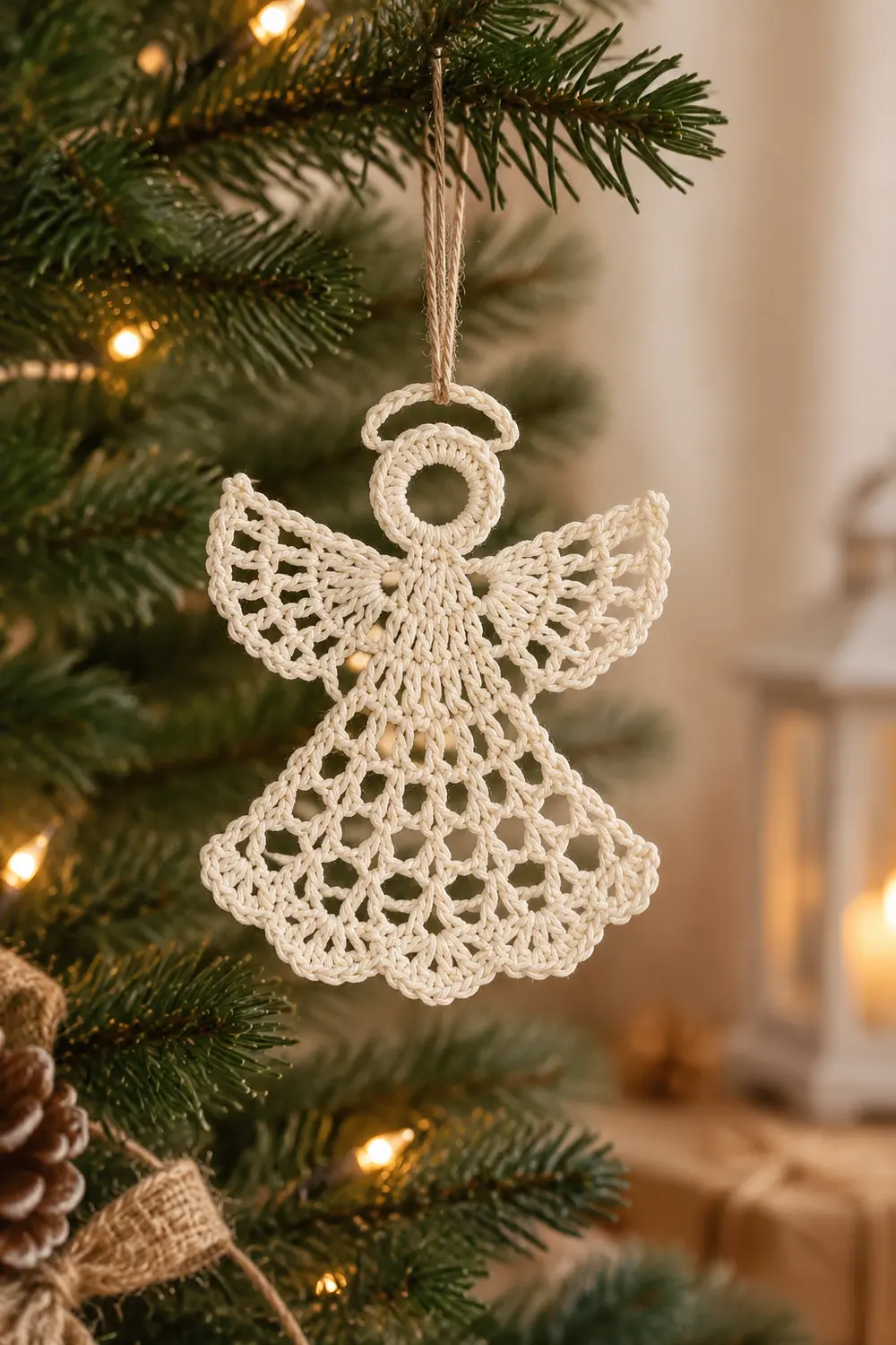 A delicate cream crocheted angel ornament hangs from twine on an evergreen tree with warm lights.