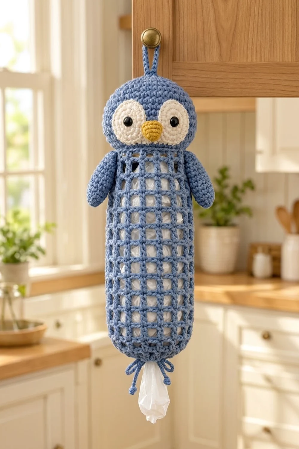 Crocheted blue owl with cream face and yellow beak serves as plastic bag dispenser in sunlit kitchen.