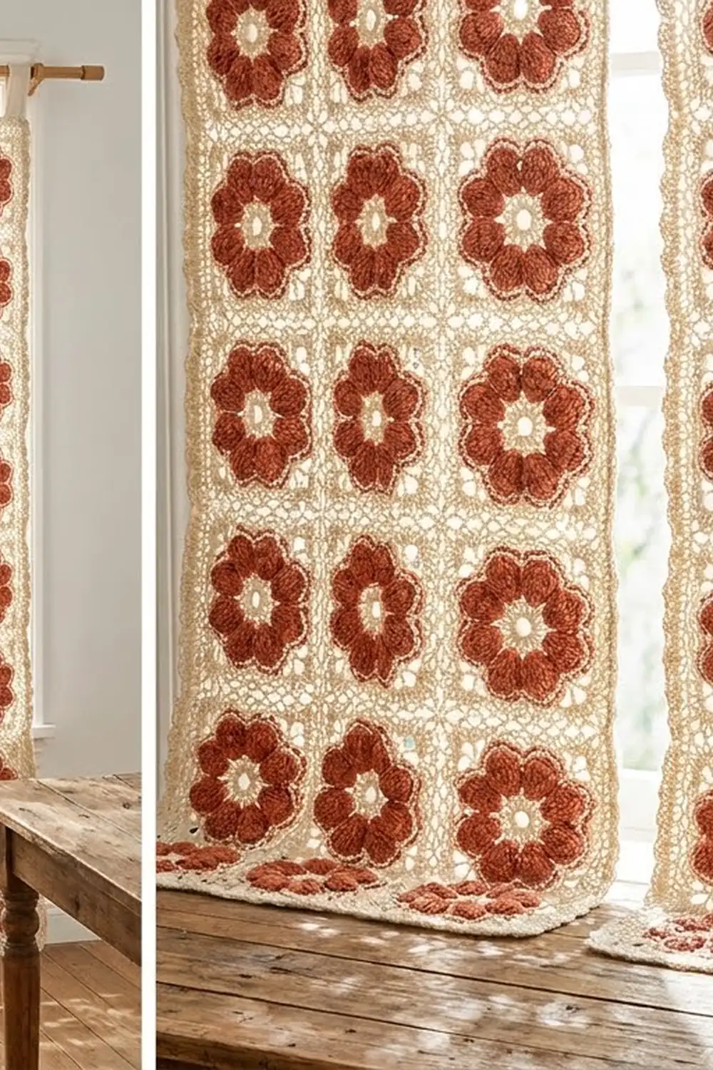 Burgundy and cream crocheted curtain with geometric flower motifs hanging from a wooden rod by a window.