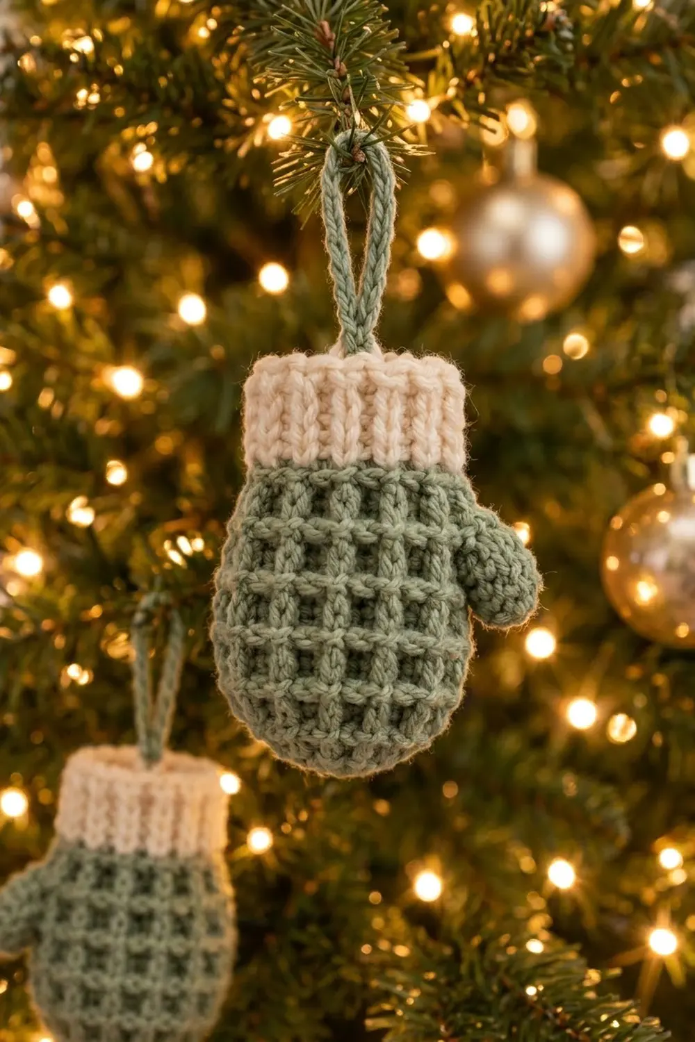 Cream and sage green crocheted mitten ornament hanging on an illuminated Christmas tree with warm golden lights and gold baubles.