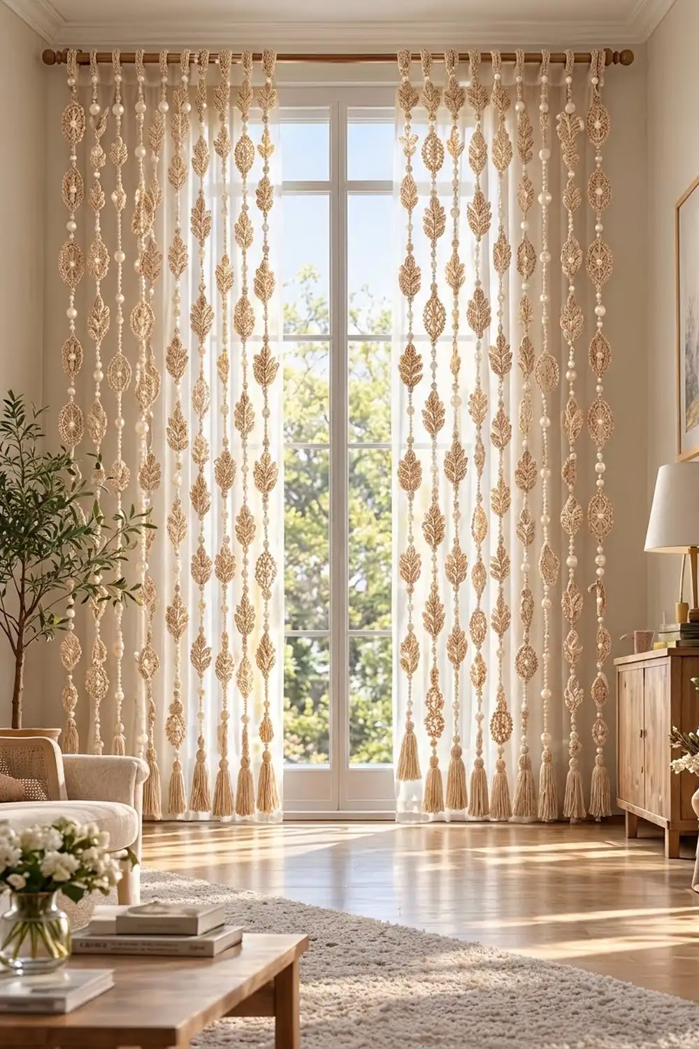 Cream curtains with strung gold-beaded leaf motifs hang elegantly over French doors in a sunlit living room.