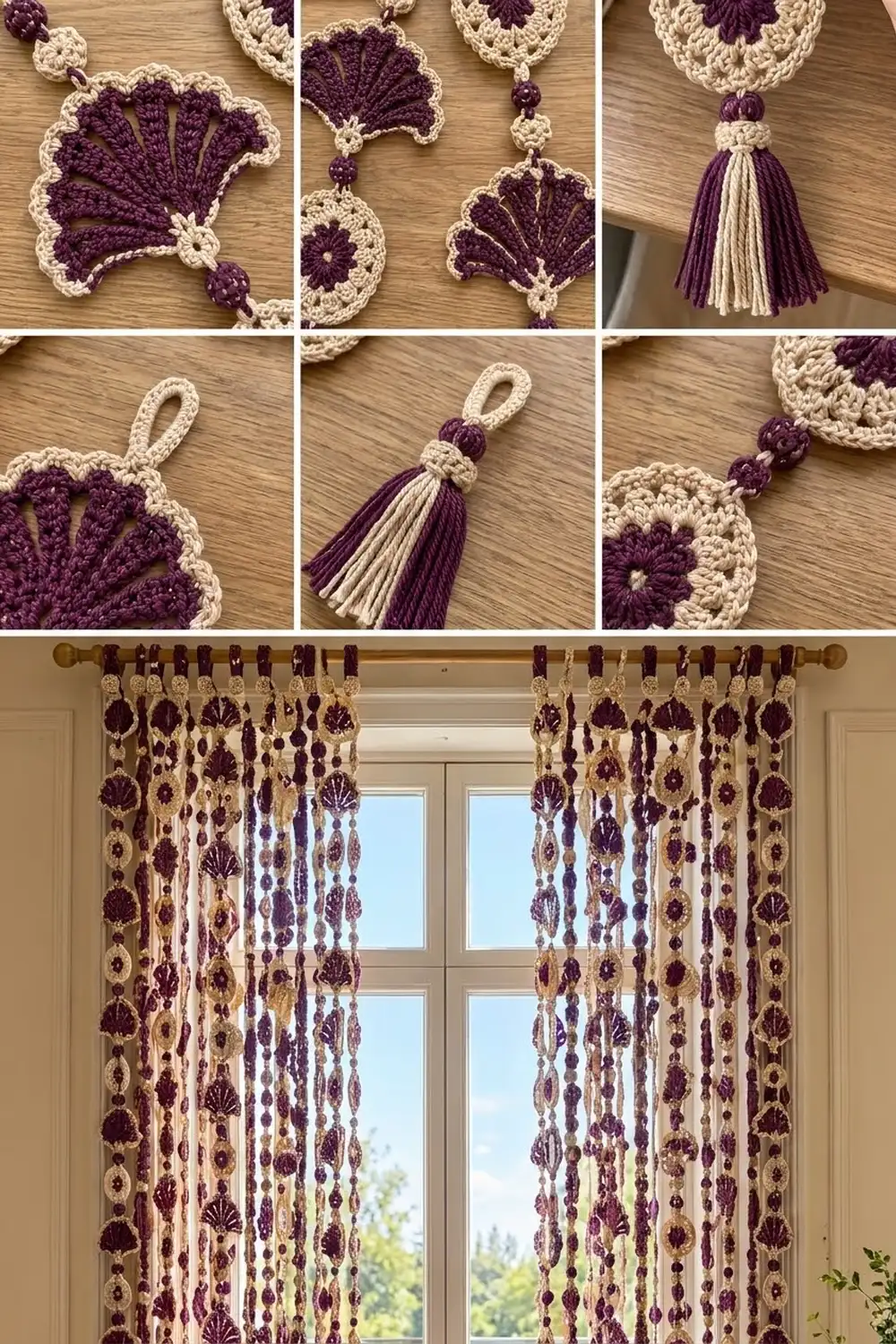 Purple and cream crocheted window curtain with fan-shaped motifs and beaded tassels, hanging on a rod.