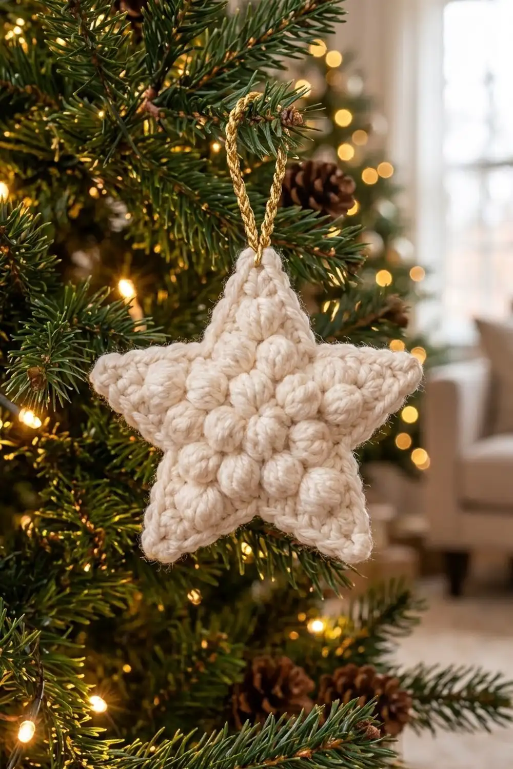Cream crochet star ornament hanging on a decorated evergreen tree with warm golden lights and pinecones.