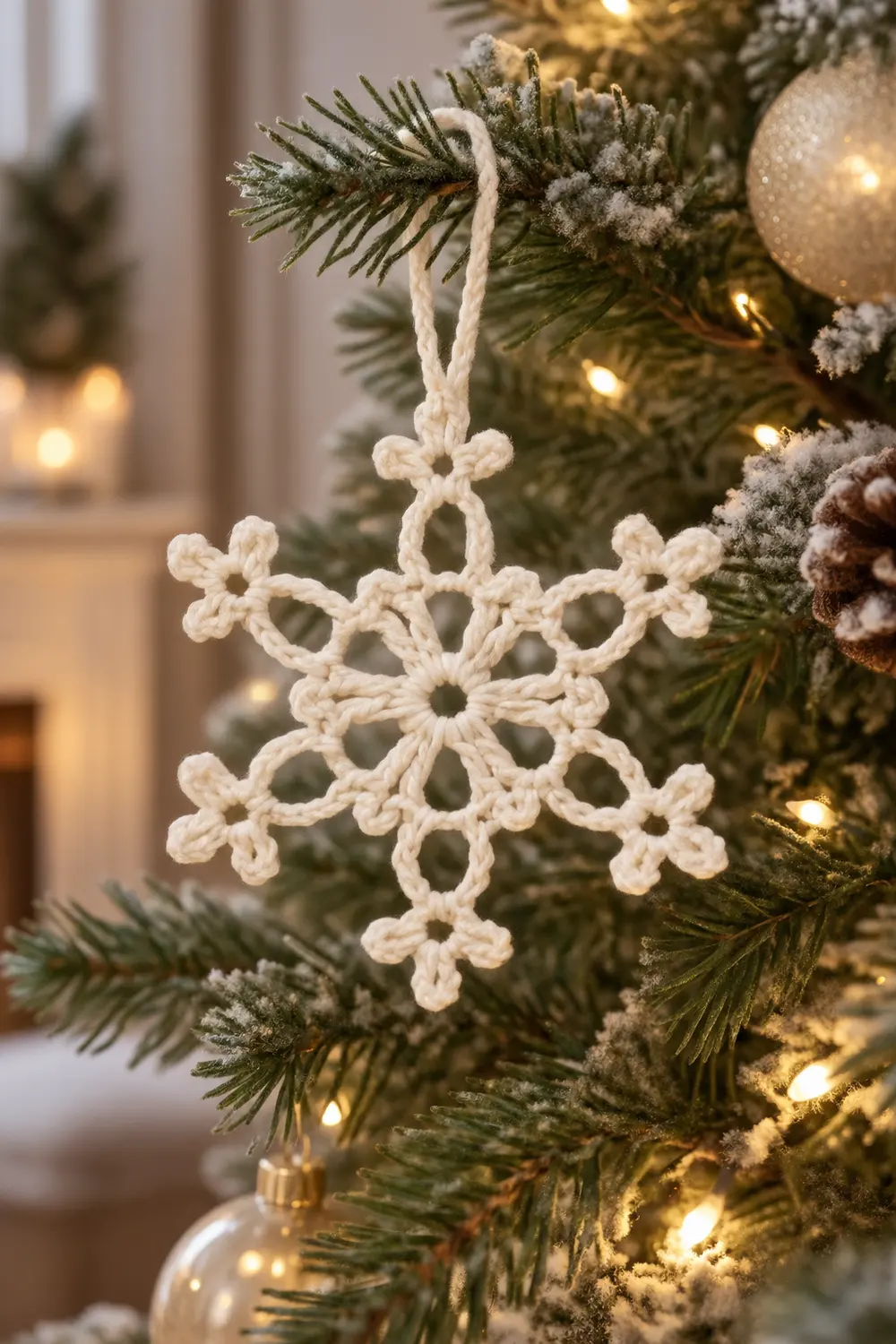 A cream-colored crocheted snowflake ornament hangs on an evergreen Christmas tree with warm lights and frosted branches.