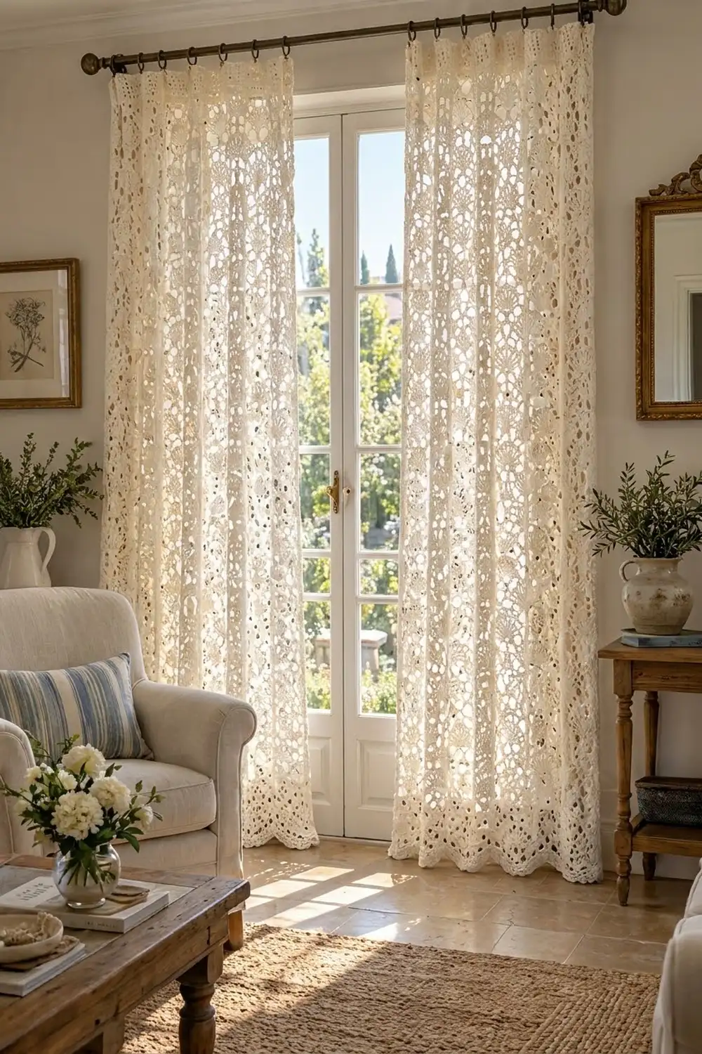 Cream crochet curtains with openwork geometric pattern hang at tall French doors in a bright, neutral living room.