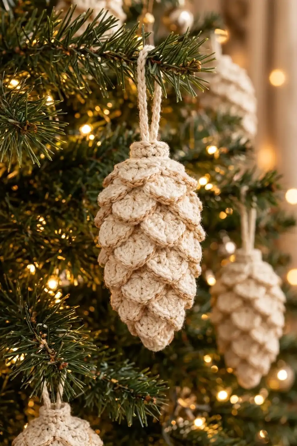 Cream crocheted pinecone ornament hanging on evergreen branch with warm gold lights in soft focus background.
