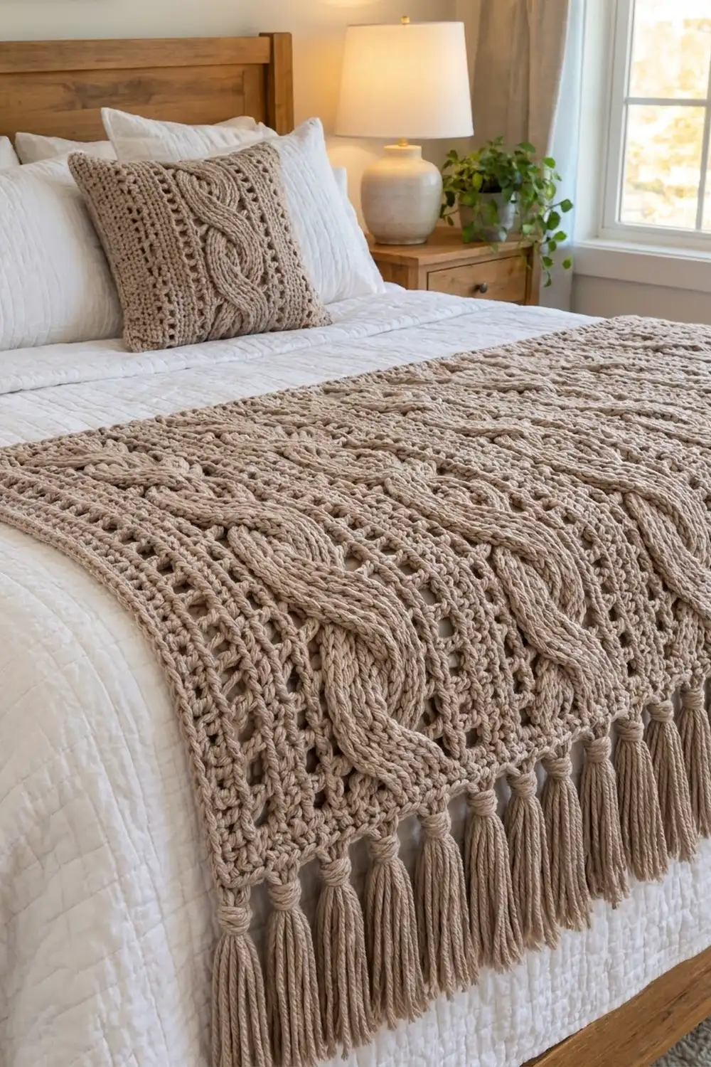 Beige crocheted blanket with cable and lace patterns and fringe trim displayed on white bedding in a sunlit bedroom.