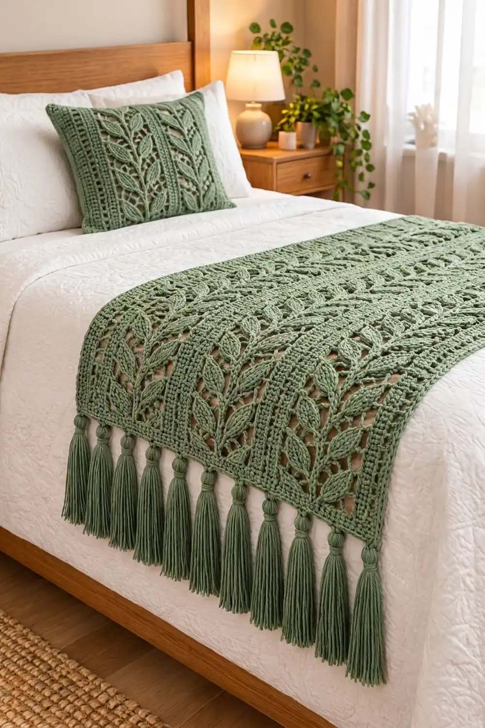 Sage-green crocheted blanket with leaf patterns and tassel trim styled on white bedding alongside a matching pillow.