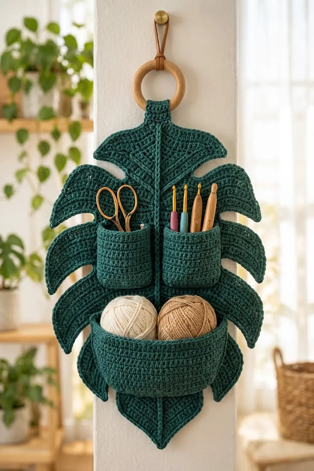 Dark green crocheted monstera leaf organizer holding scissors, yarn, and markers hung on a white wall.