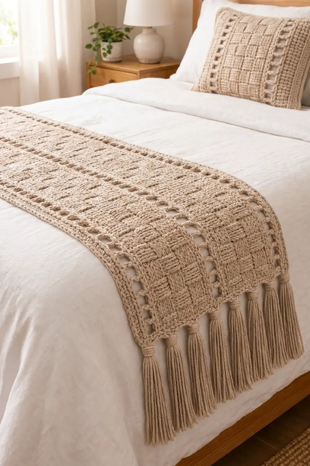 Cream cable-knit crochet throw with fringe draped over white bedding, styled with matching pillow in a sunlit bedroom.