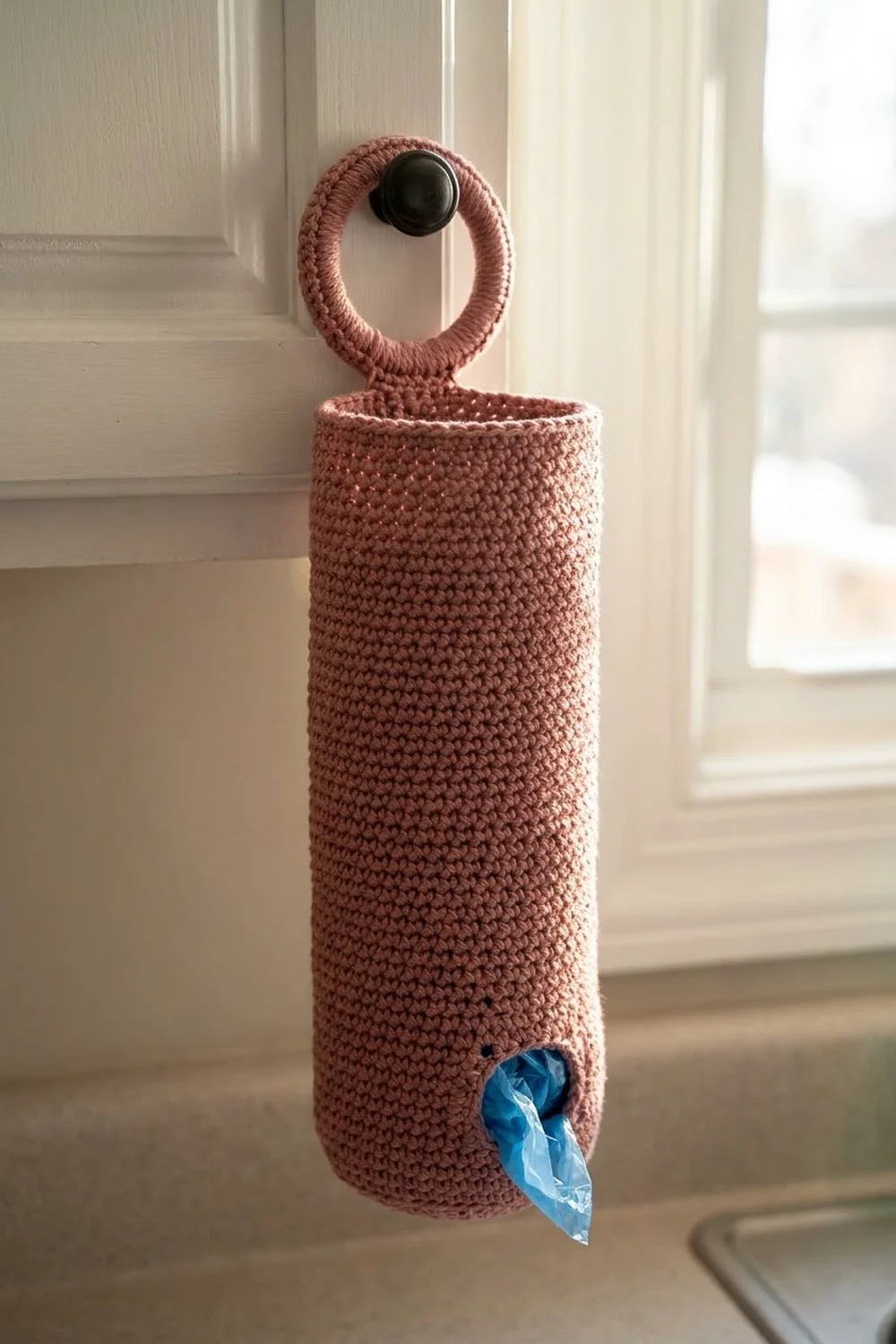 Dusty rose crocheted bag dispenser with circular handle hanging from a light interior door, dispensing a blue plastic bag.