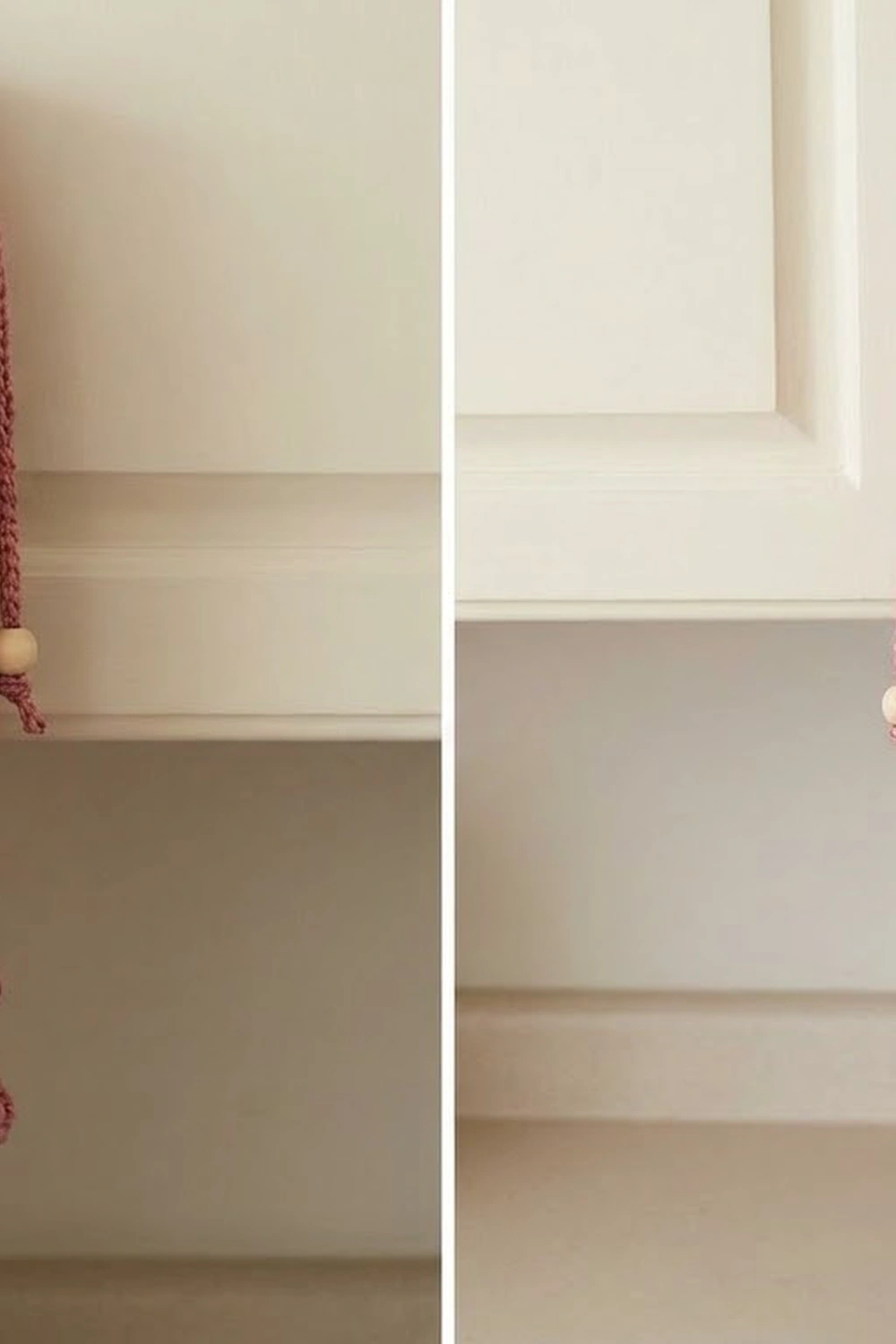 A burgundy crocheted piece styled on white open shelving against cream walls in a minimalist home interior.