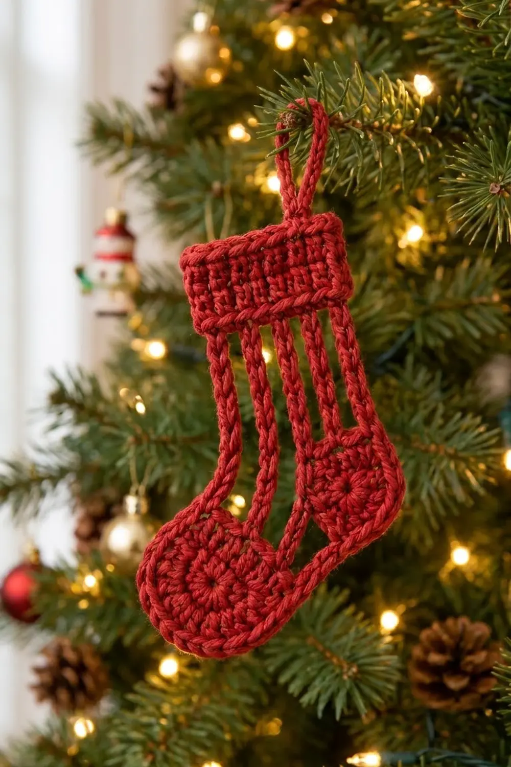 A red crocheted stocking ornament hangs on an evergreen Christmas tree amid golden lights and pinecones.