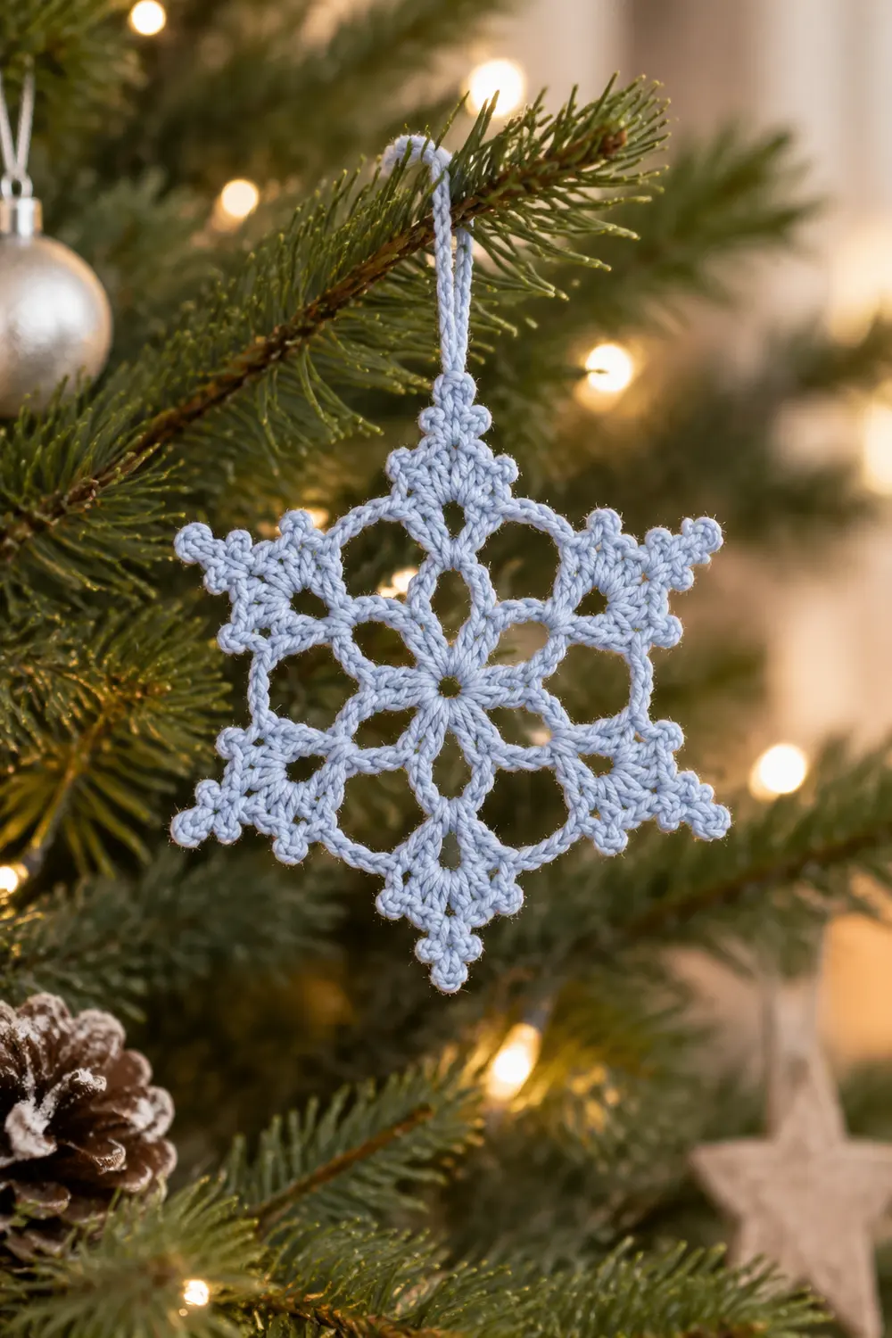 A light blue crocheted snowflake ornament hangs from evergreen branches with warm lights and silver baubles nearby.