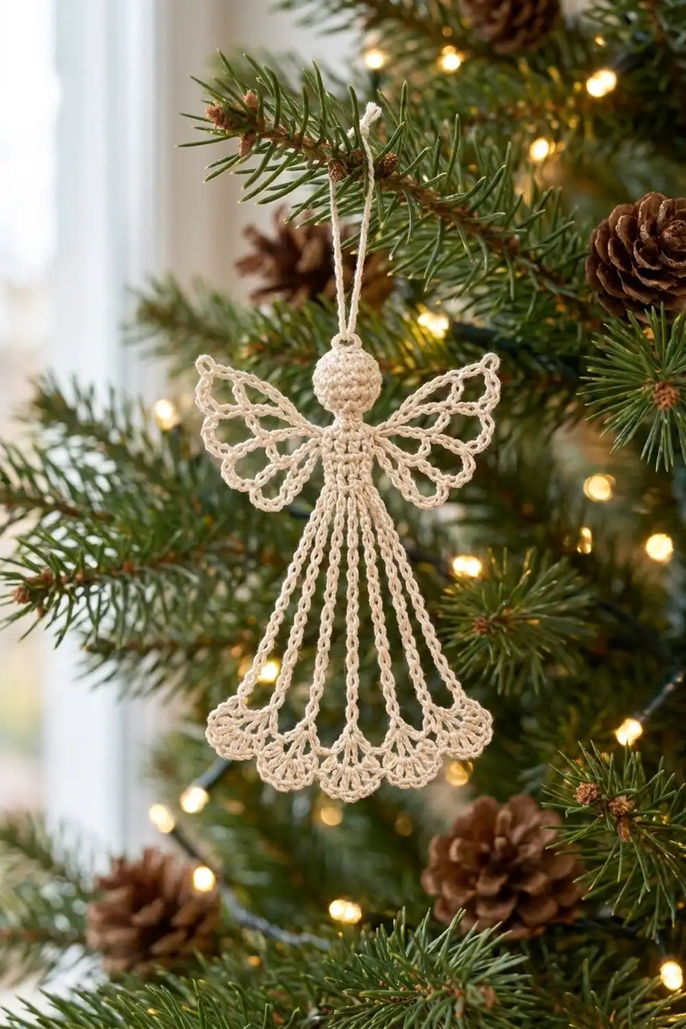 Cream crocheted angel ornament with lacy wings and dress hanging on an evergreen branch with pinecones and warm lights.
