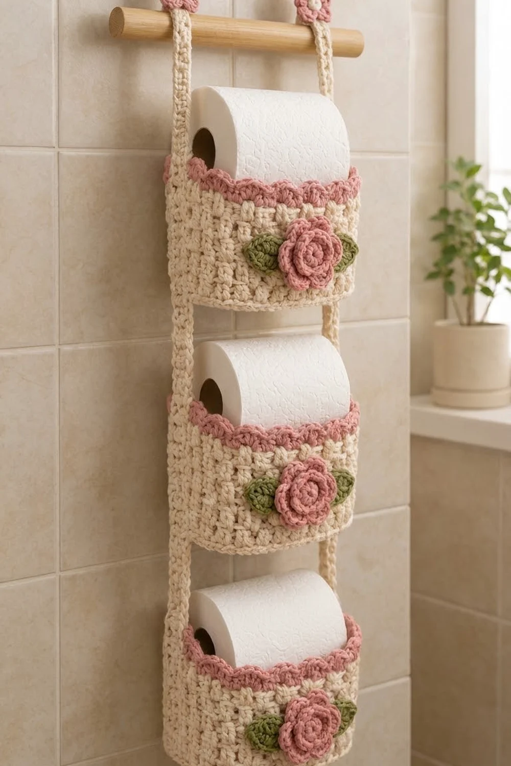 Crocheted tissue holder with three pockets, pink rose flowers, and white toilet paper rolls on bathroom wall.