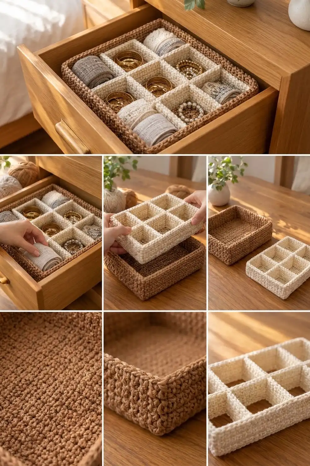 Tan crocheted drawer organizer with compartments storing fabric rolls, metal rings, and beads in a wooden drawer.
