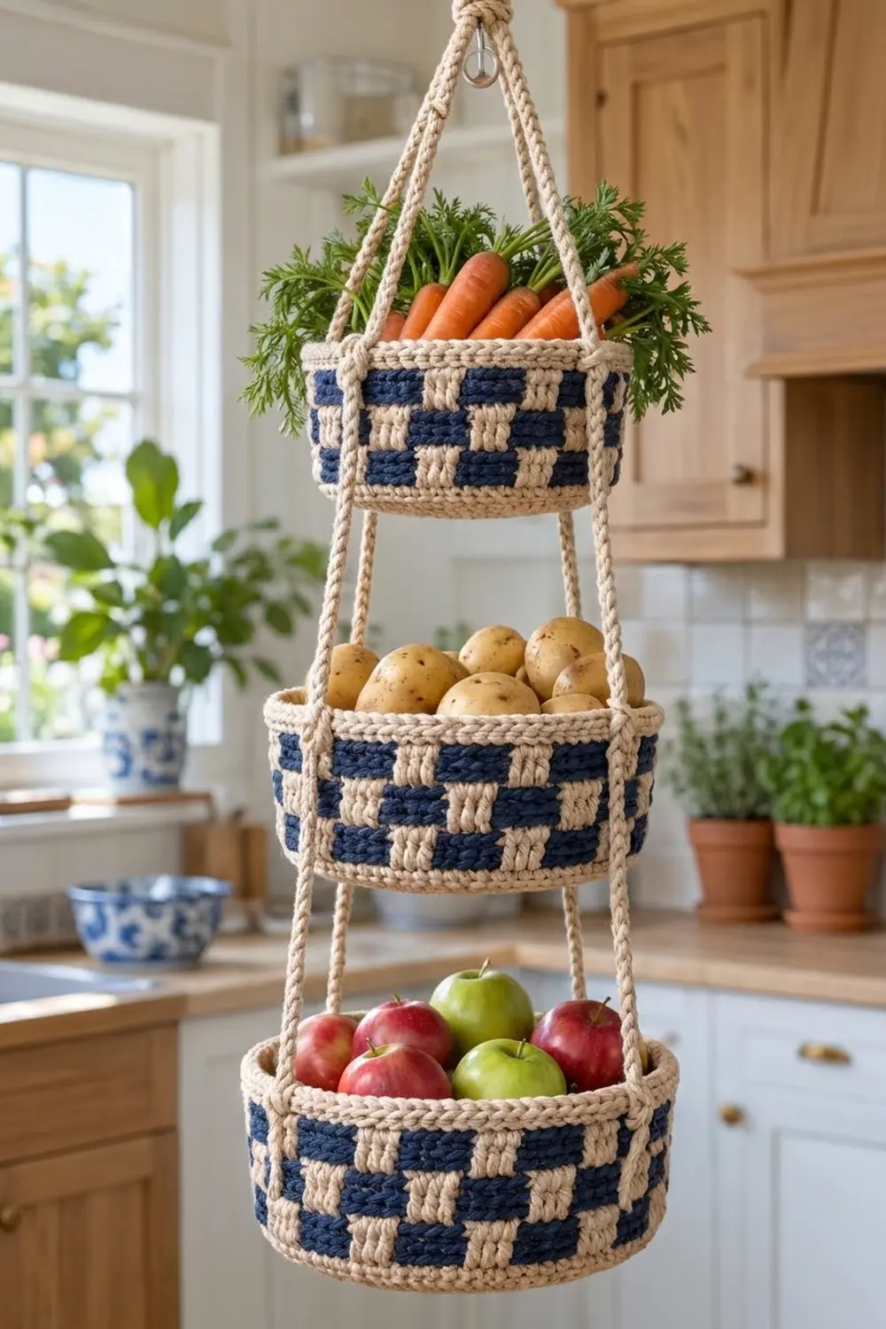 Three-tier navy and cream rope hanging basket filled with carrots, potatoes, and apples in a bright kitchen.
