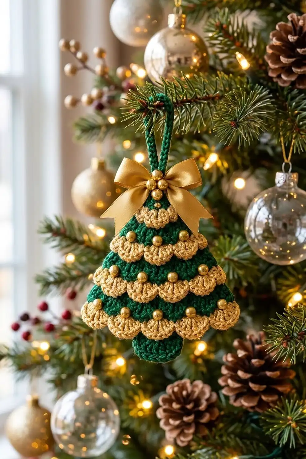 Crocheted Christmas tree ornament in green and tan with gold beads and bow hanging on evergreen branch with holiday lights.