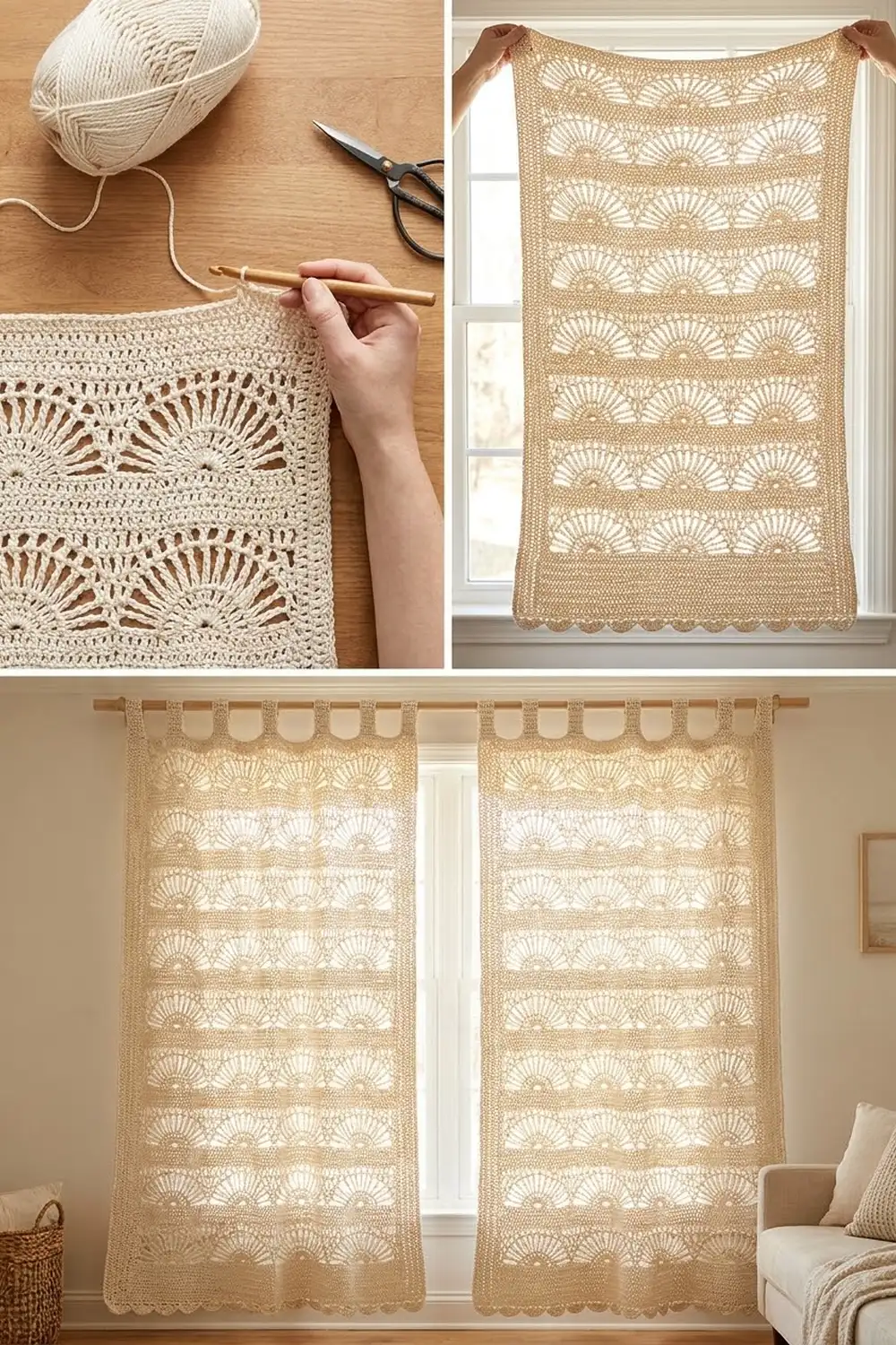 Cream crocheted lace curtains with intricate fan-stitch motifs shown in progress and hanging as window panels in a neutral room.
