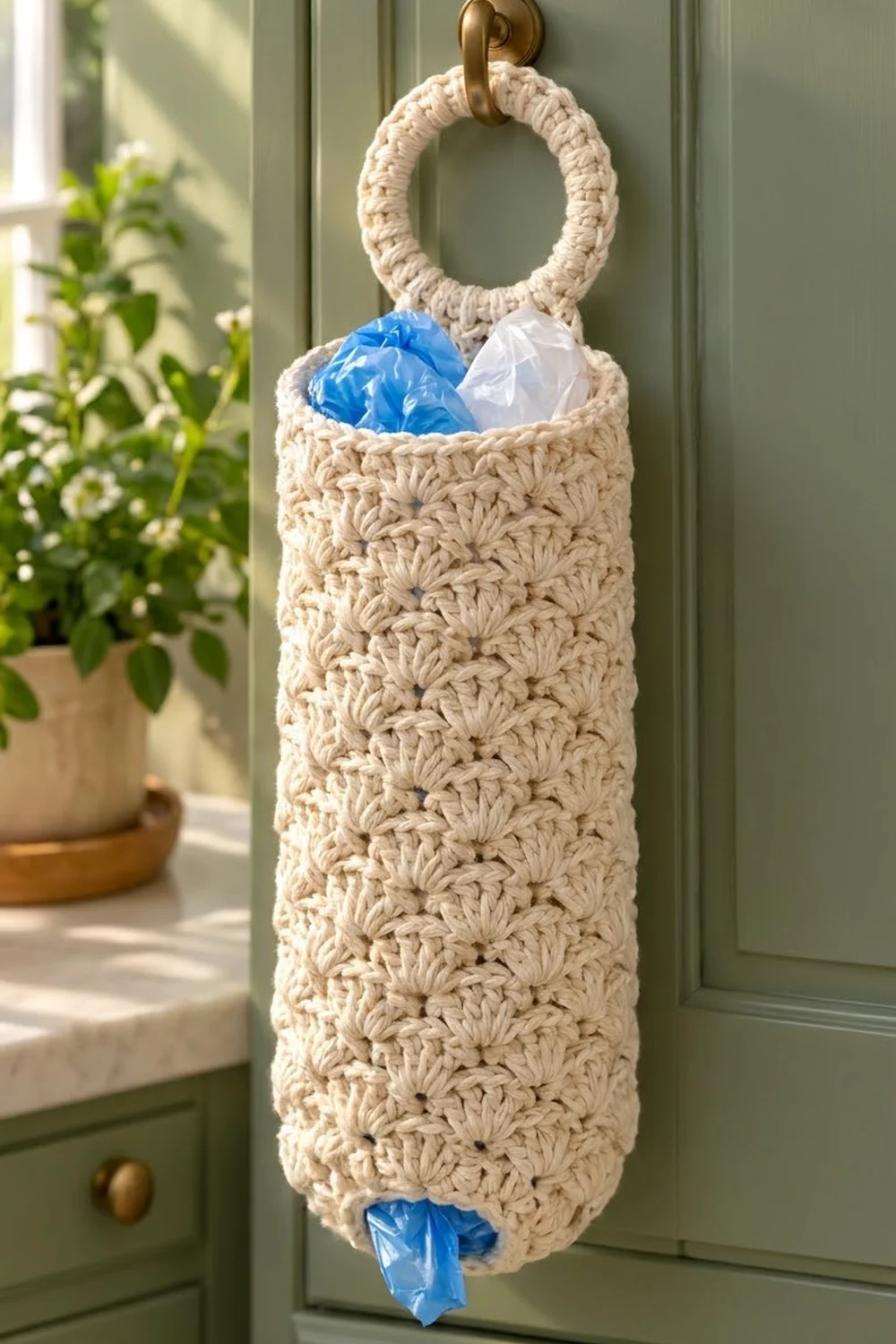 Cream crocheted plastic bag holder with shell stitch pattern hanging on a green cabinet, storing blue and white bags.