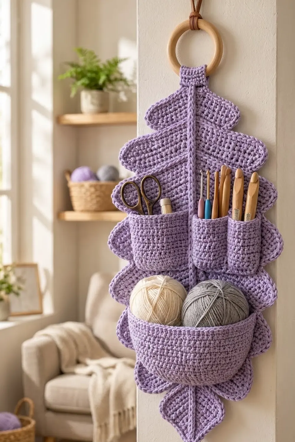 Purple crocheted tree organizer holding craft supplies and yarn in scalloped pockets, hung on white wall with natural light.